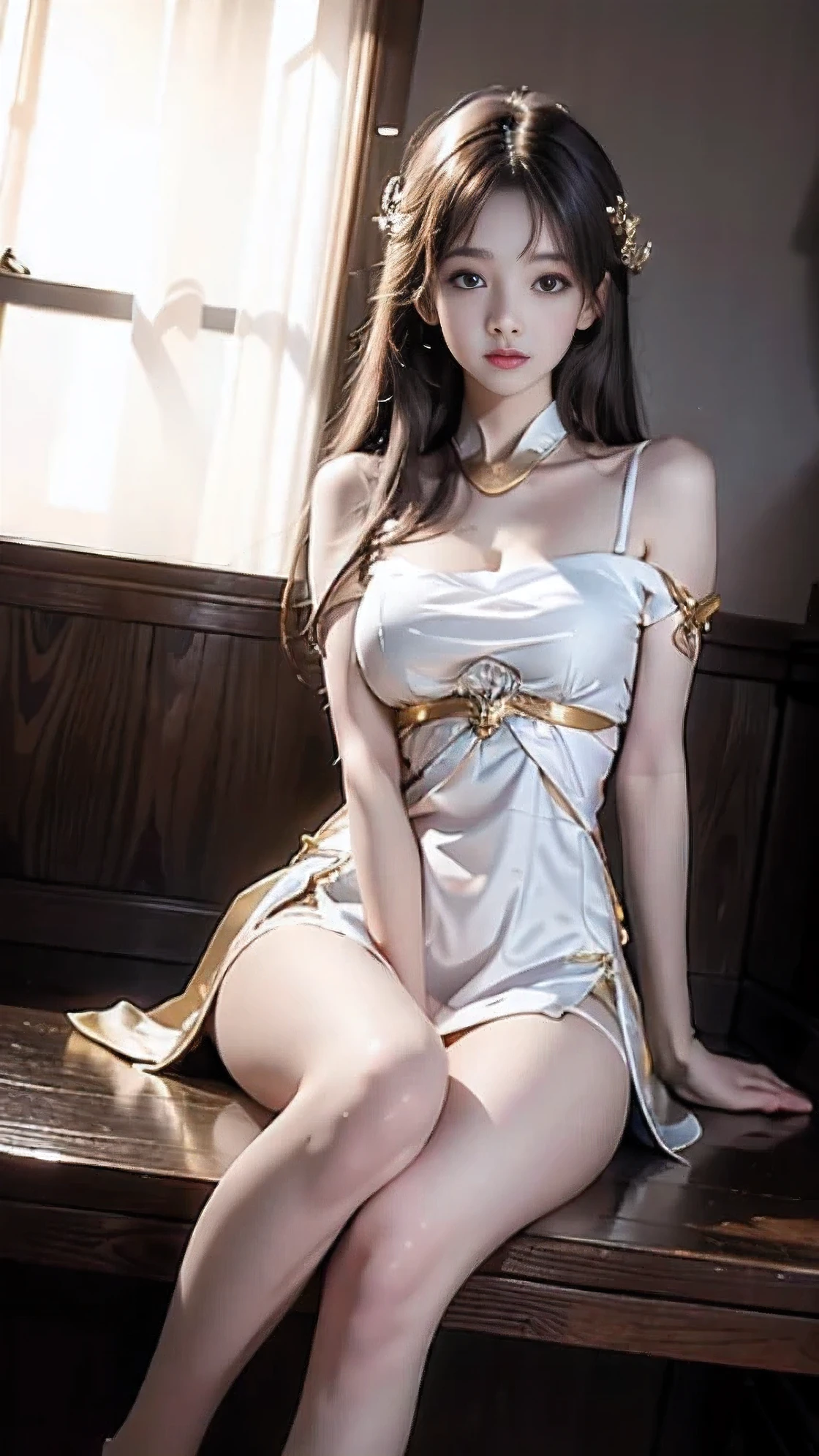 (masterpiece、Highest quality、High resolution、8K、16K)、((Alone space、Beautiful Goddess、 the sky like a star))、((whole body))、Golden Cape、White long dress、No sleeve、Adorned with vibrant jewels、Gold Bracelet、Blonde middle、Beautiful brown eyes、A kind smile、Mouth closed、Elegant and detailed face、Graceful operation、Place one hand under your chest、Professional Lighting、Seductive pose,The chest is slightly visible,Large breasts sagging due to gravity, Spread your legs,