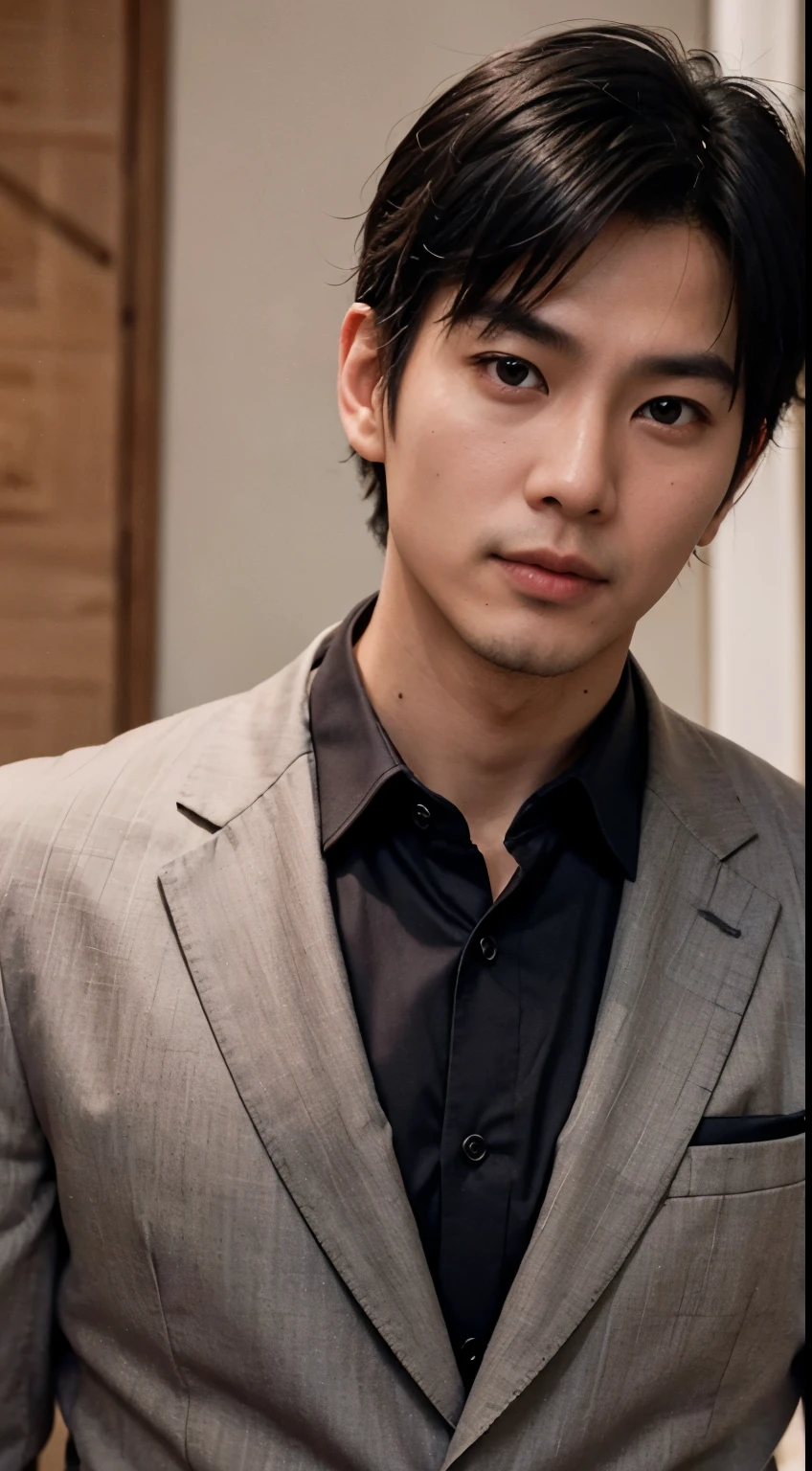 Portrait of a handsome Asian man 25 years old round face movie look, Above the chest, wearing suits