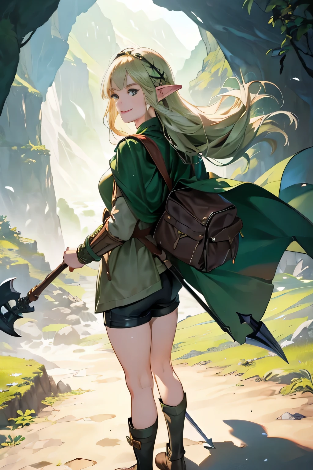 (((((girl))))), masterpiece, ultra detailed, 8K Portrait, Raw photo, woman's portrait photography, full body, Highly detailed smile face, ((Fantasy)), (((hobbit))), ((Adult)), 45 years old, 110cm, (((cave explorer))), ((white skin)), greenish blond twin tail hair, (wearing a helmet), (((dark green silk long cloak))) Fluttering in the wind, (((explorer safari jacket))), leather grooves, (((short pants))), (((large back pack))), (((equip a pickaxe))), Midday sun, Hyper realistic, Slender body, by the foggy castle, Ambient lighting, Shadow details , Camera focus on face, strong breeze, Light fog