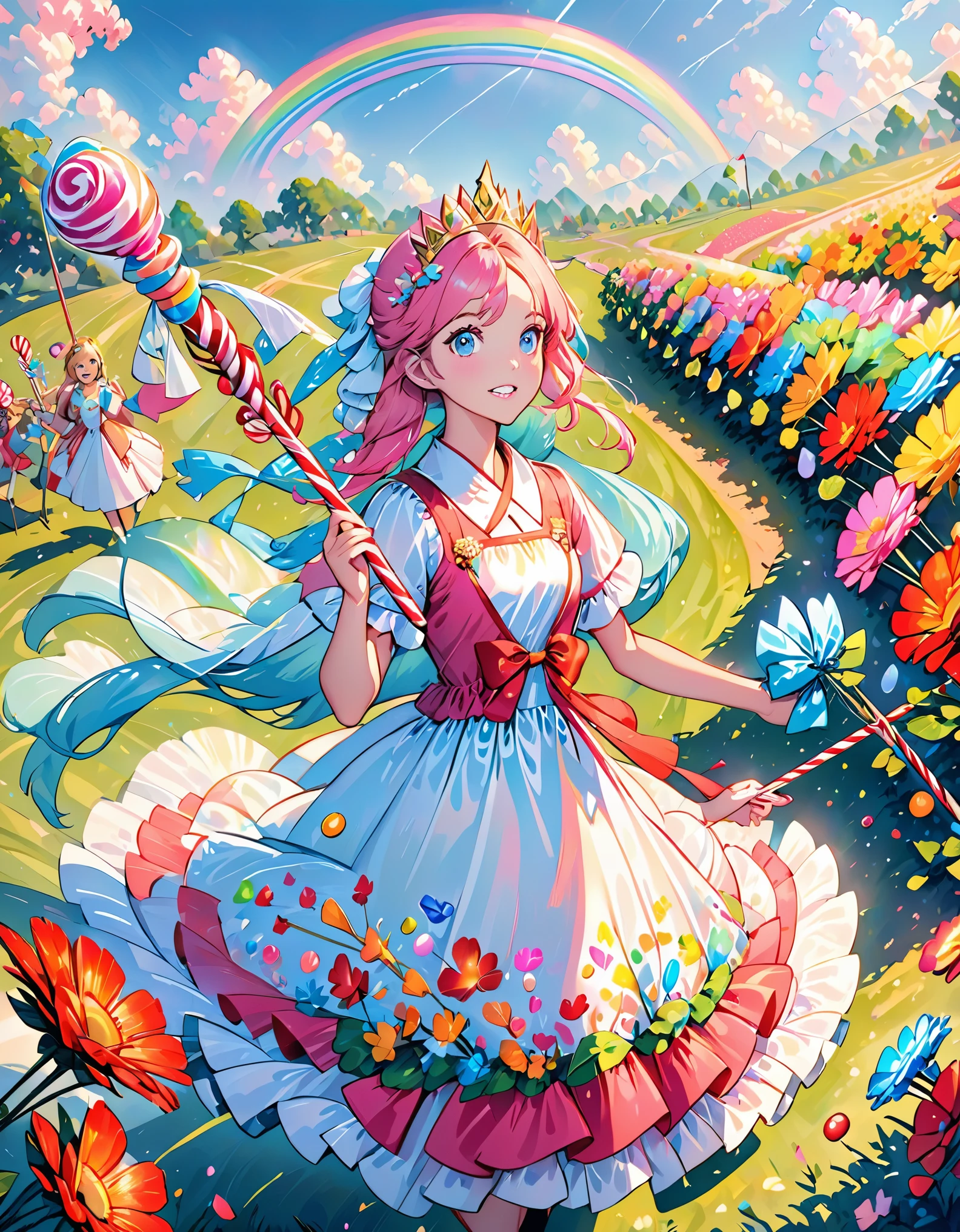 scepter, lots of candy, gumdrops, candycanes, a rainbow, candy, (a field of candy), 1girl, sugar queen, pink dress, a Sceptor of candy