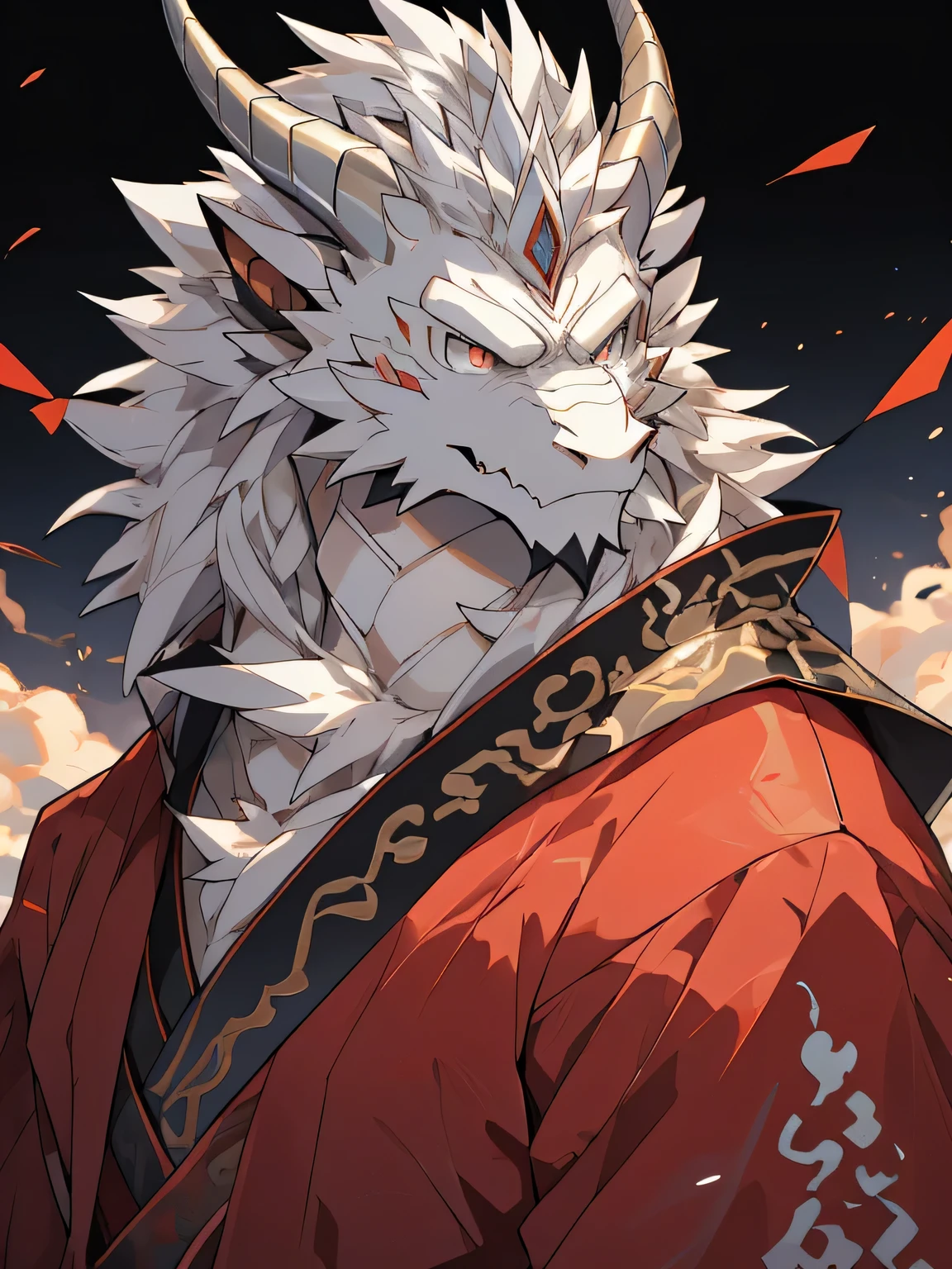 White dragon man:1.3, alone, vertical pupil,Eye, (elongated), Slim, (Eye anthro dragon):1.3, (The body has silvery white scales:1.4), white belly, (beast wild:1.4), Silver scales all over body , Detailed Eye, ((human portrait)), , (Detailed Eye, 蓝Eye, Bright Eye):1.3，robe , Digital art, masterpiece, anime style，mane fur on neck:1.5，(chinese dragon horn,white):1.5, very angry face:1.3,thick eyebrows，older dragon:1.4