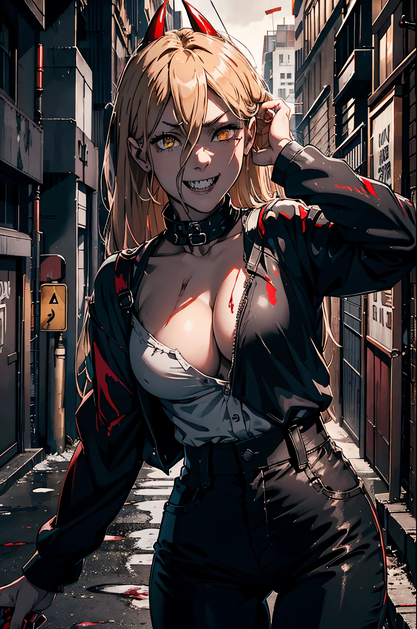 power from chainsawman, yellow vivid eyes, with her iconic two red horns on top her head, fangs, sharp teeth, wearing loose white long sleeve, cleavage, black dark business pants, dark alley setting, blood and gore, raining heavily, outdoors, smile, nighttime, dim street light illumination