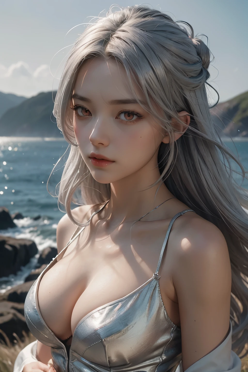 a young woman standing in the grass, (cleavage, large breasts), (red eyes, silver hair:1.3), in the style of stark black-and-white photography, Hasselblad 1600f, coastal landscapes, expressive facial features, Dutch landscapes, soft atmospheric scenes, powerful portraits --ar 68:128 --stylize 750 --v 5.2 . Ultra high photo realistic, 100mm --aspect 1:1 --s 750 --v 5.2, k high quality detailed art, 3d