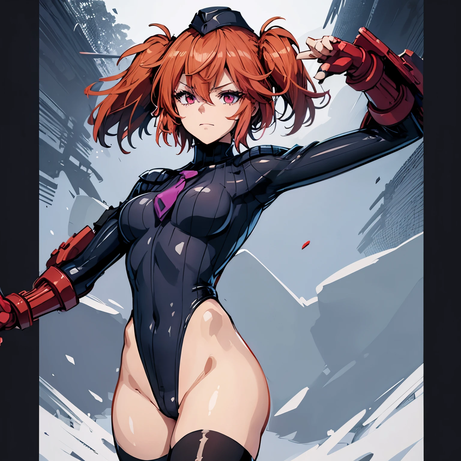 ultra-detailed, Explicit, Beautiful body, Beautiful Nose, Beautiful character design, perfect eyes, perfect face, ultra highres, 4K, beautiful legs, perfect legs, Nice hands, Perfect hand, Masterpiece, Best Quality, Highly detailed, illustration, absurdres, perfect anatomy, street fighter, doll suit, shadaloo doll, dollsuit, expressionless, blank eyes, looking at viewer, red gloves, emotionless, black latex, corruption, mind control, female combatant, full body, hypnotized, unhappy trance, full body suit, ribbed bodysuit, both arms at side, obey, perfect female body, extremely glossy latex, hypnosis, hypnoLora, empty eyes, Mind control device, poses, submissive_pose, Slave, standing straight, standing, standing at attention, hat, necktie, belt, latex, ribbed bodysuit, thigh Highs, garter belt, Fighting Stance, extending the right arm from the shoulder into the air with a straightened hand, military, thigh boots, black pantyhose, (((pixel-perfect, detail-perfect))), solo, 1girl, hair ornaments, short hair, short hair, twin tails, Ichinose Haru, Akuma no Riddle, red eyes, pink hair, evilsmile, evil grin, heartboob, HEART-SHAPED HAND