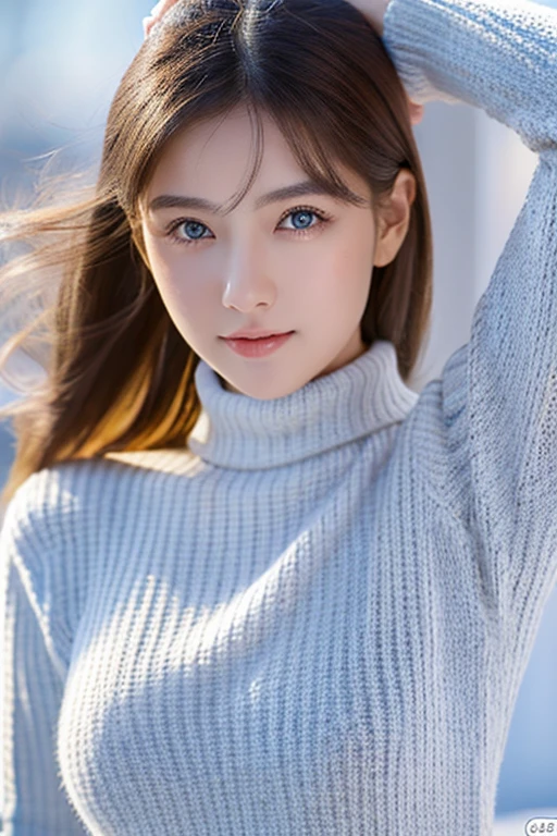 (table top:1.3, Photoreal:1.4, 8K), highest quality, masterpiece, 超A high resolution, perfect dynamic composition, Highly detailed skin and facial textures:1.3, detailed eye, Detail of limbs, cold winter, 1 girl, Cute sexy slim woman in her 20s, Fair skin, (A high neck sweater made of white long sleeve mohair knit that covers the neck., No skin exposed), short boots, (beautiful blue eyes, Eyes that feel beautiful eros:0.85), sexy face:0.4, (A taste that gives you a beautiful sense of eroticism:0.85), ((Too cute beauty:0.9))、Standing straight facing the front