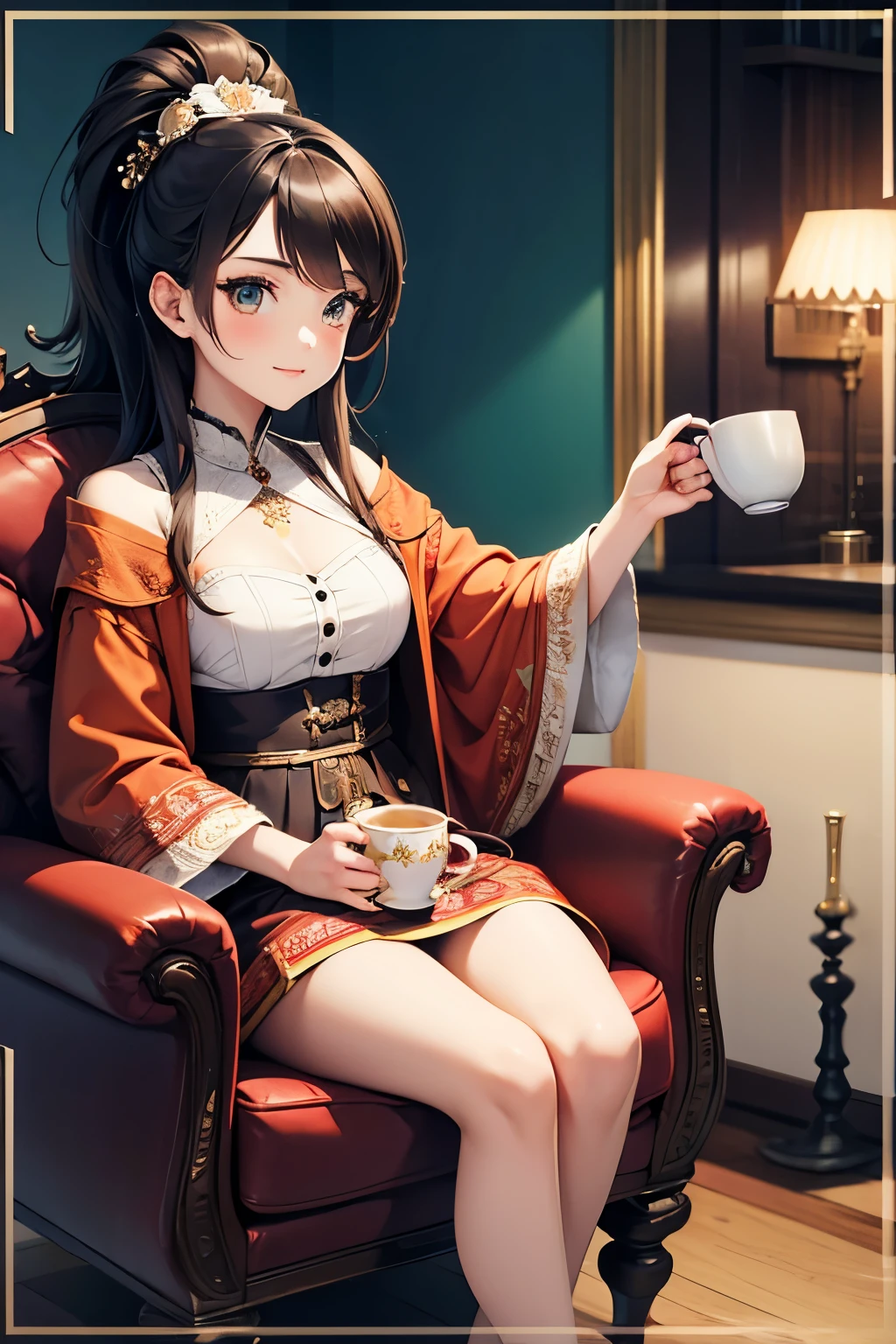 a beautiful girl is sitting in an armchair, holding a mug with tea inside.stylization,16K,hyperdetalization,poster