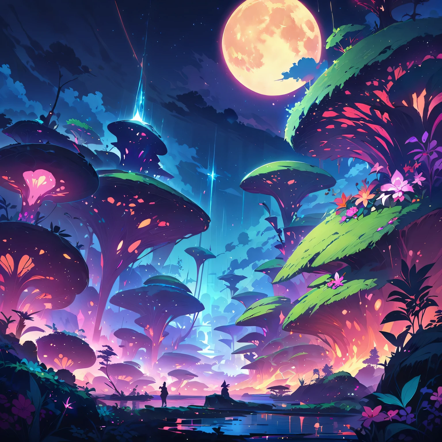 (masterpiece, best quality, illustration, fine details), ((Very detailed CG unified 8k wallpaper, High resolution)), high saturation, low brightness, concept art, (alien), (Alien Landscape), Alien plants，Similar to exotic flowers and trees，Bioluminescent creatures lighting up the night sky，Alien technology seamlessly blends with nature，ethereal atmosphere，An otherworldly feel, Sky, night, (full moon), cloud, outdoor