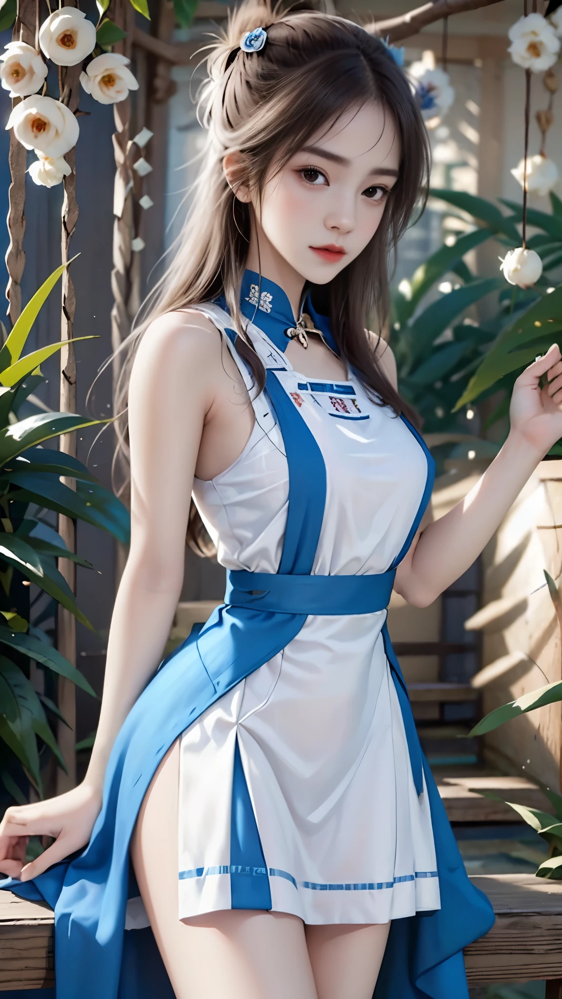 blue uniform, msc, bwc, schoollogo, masterpiece，best quality，high质量，high清晰度，high质量的纹理，high质量的阴影，high细节，beautiful details，fine details，Extremely detailed CG，Detailed texture，lifelike的面部表现，lifelike的，rich and colorful，exquisite，sharp focus，(intricate detailake up，PureErosFace_V1:0.5)，(细节美exquisite脸，(细节美exquisite眼睛)，Perfect比例的脸，highDetails of the skin，Details of the skin，Four fingers and one thumb in optimal proportions，emaciated:1.3)，1 girl，************，high，(Smooth abs:1.55)，pretty，Perfect，high，((bare shoulders)), ((The skirt is short)), (long legs)，(straight legs)，(thin waist)，((White skin))，White skin，((White skin))，(emma watson)，Big breasts，((Caucasian))，light blonde hair，Stand with legs apart，looking at the audience，whole body，Portrait of cute blonde girl，((Cherry tree)), ((站在Cherry tree下,Look into the distance))，bloom，orange mist，sports，Wisps of hair，lifelike，high品质渲染，amazing art，high品质，film texture，Fujifilm XT3，dream