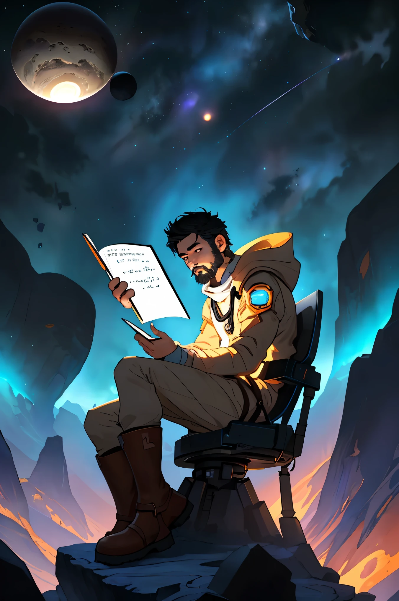 Draw a young programmer, sitting on a research platform floating in the middle of an asteroid belt. He is studying with a notebook, surrounded by several asteroids glowing with fiery auras. Dramatic lighting from distant stars and planets illuminates the scene, casting deep shadows on the suit. The young man looks confident and determined, looking at the vast and mysterious universe with wonder and respect,facial hair, cowboy shot,