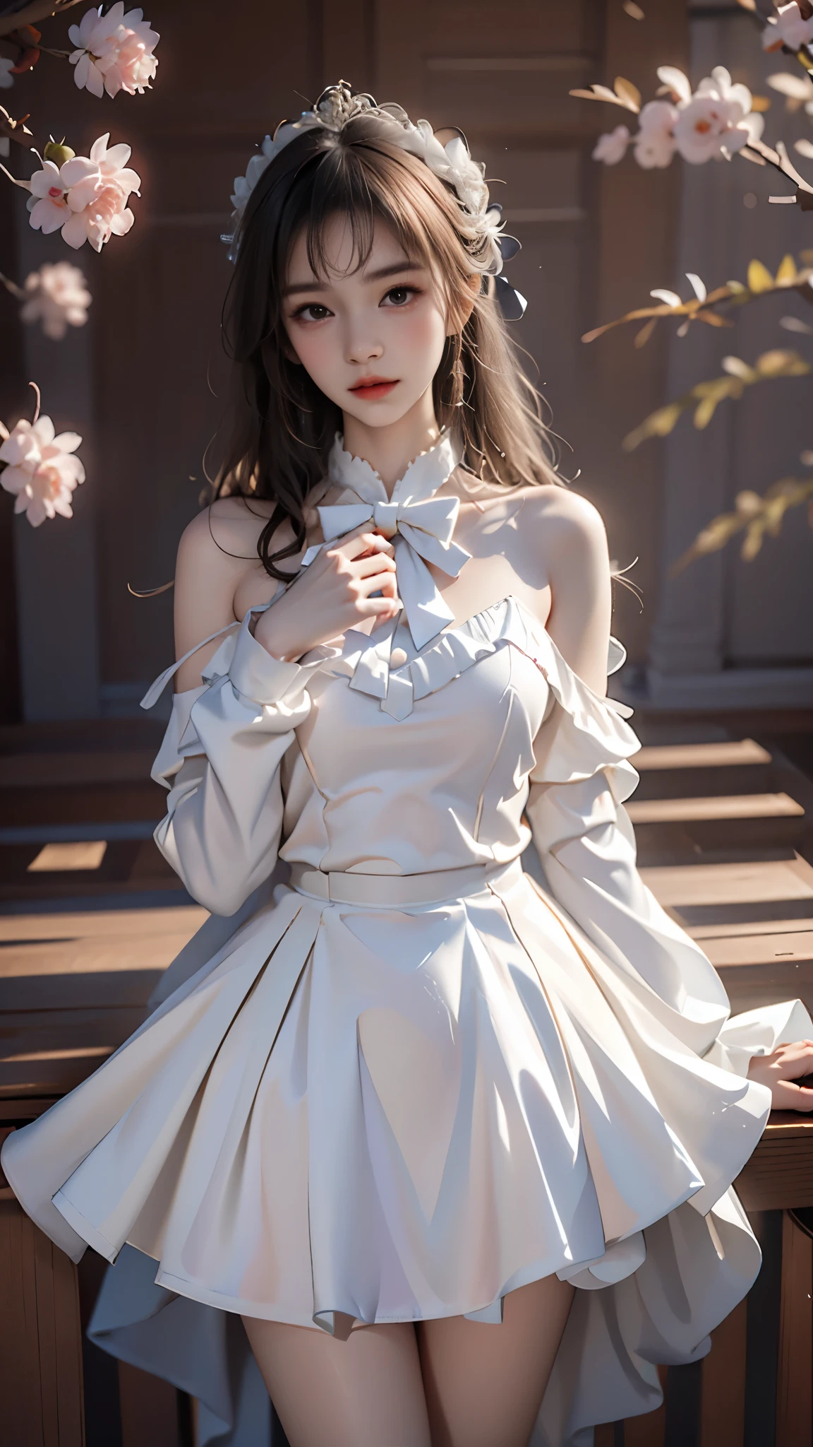 cyb dress, long sleeves, puffy long sleeves, bow,pink dress, masterpiece，best quality，high质量，high清晰度，high质量的纹理，high质量的阴影，high细节，beautiful details，fine details，Extremely detailed CG，Detailed texture，lifelike的面部表现，lifelike的，rich and colorful，exquisite，sharp focus，(intricate detailake up，PureErosFace_V1:0.5)，(细节美exquisite脸，(细节美exquisite眼睛)，Perfect比例的脸，highDetails of the skin，Details of the skin，Four fingers and one thumb in optimal proportions，emaciated:1.3)，1 girl，************，high，(Smooth abs:1.55)，pretty，Perfect，high，((bare shoulders)), ((The skirt is short)), (long legs)，(straight legs)，(thin waist)，((White skin))，White skin，((White skin))，(emma watson)，Big breasts，((Caucasian))，light blonde hair，Stand with legs apart，looking at the audience，whole body，Portrait of cute blonde girl，((Cherry tree)), ((站在Cherry tree下,Look into the distance))，bloom，orange mist，sports，Wisps of hair，lifelike，high品质渲染，amazing art，high品质，film texture，Fujifilm XT3，dream