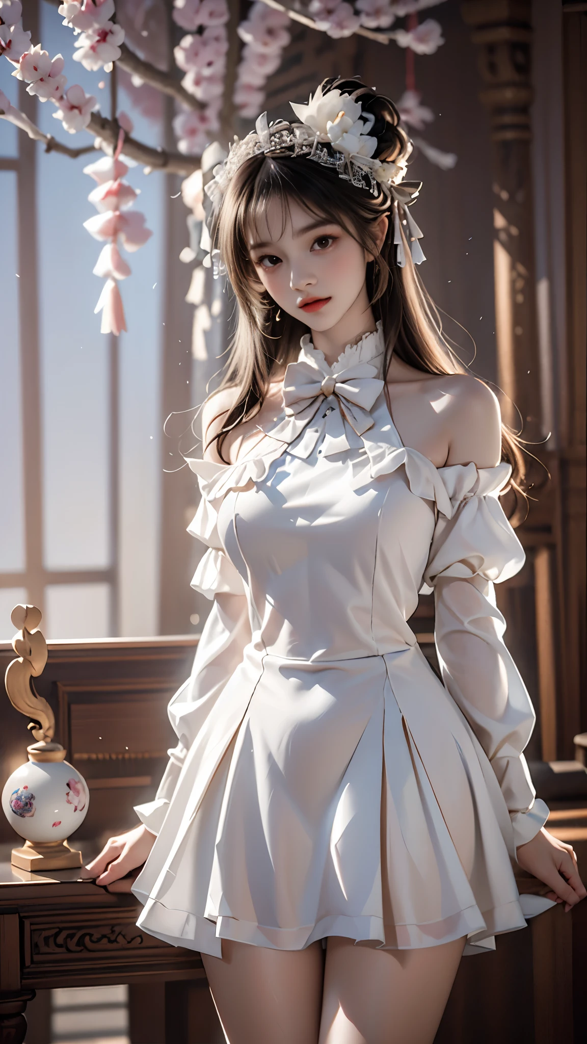 cyb dress, long sleeves, puffy long sleeves, bow,pink dress, masterpiece，best quality，high质量，high清晰度，high质量的纹理，high质量的阴影，high细节，beautiful details，fine details，Extremely detailed CG，Detailed texture，lifelike的面部表现，lifelike的，rich and colorful，exquisite，sharp focus，(intricate detailake up，PureErosFace_V1:0.5)，(细节美exquisite脸，(细节美exquisite眼睛)，Perfect比例的脸，highDetails of the skin，Details of the skin，Four fingers and one thumb in optimal proportions，emaciated:1.3)，1 girl，************，high，(Smooth abs:1.55)，pretty，Perfect，high，((bare shoulders)), ((The skirt is short)), (long legs)，(straight legs)，(thin waist)，((White skin))，White skin，((White skin))，(emma watson)，Big breasts，((Caucasian))，light blonde hair，Stand with legs apart，looking at the audience，whole body，Portrait of cute blonde girl，((Cherry tree)), ((站在Cherry tree下,Look into the distance))，bloom，orange mist，sports，Wisps of hair，lifelike，high品质渲染，amazing art，high品质，film texture，Fujifilm XT3，dream