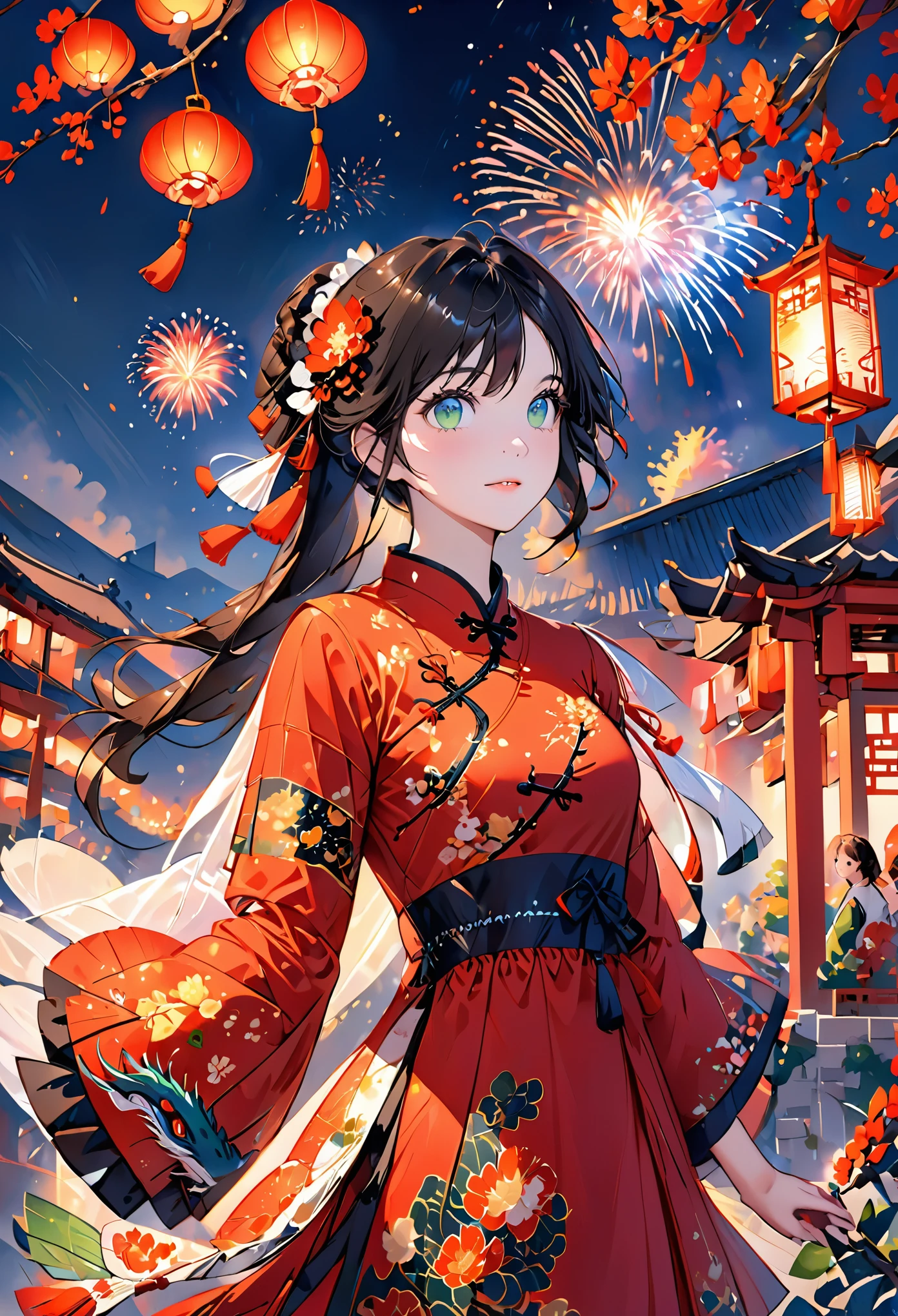 Solo, 1Girl, holding, standing, long hair, (China_dress: 1.2), (green eyes: 1.1), colored candy, black hair, looking at the audience, upper body, (lantern/lamp: 1.1), flowers, Spring Festival, New Year, (fireworks: 1.1), long sleeves, Oriental dragon, white background, red shoes, hair accessories, blue theme, Chinese architectural background