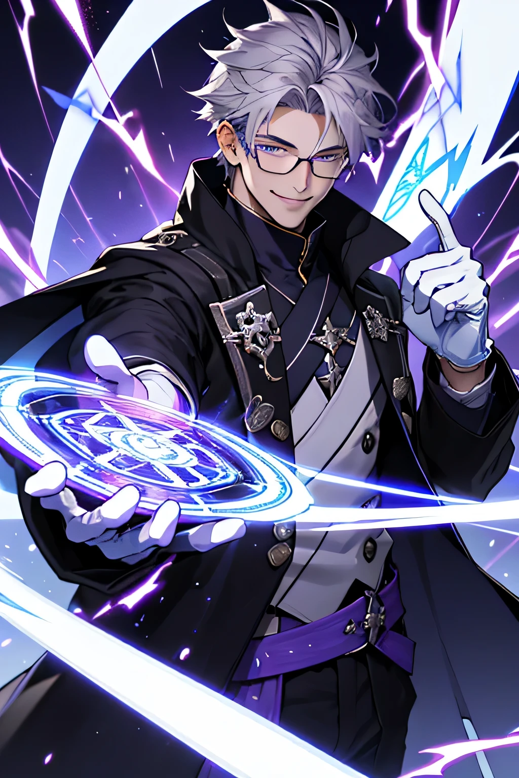 Beautiful young man with gray hair and glasses。Classically decorated black coat and white gloves。He is grinning and controlling the magic of purple lightning.。The background is a purple magic circle