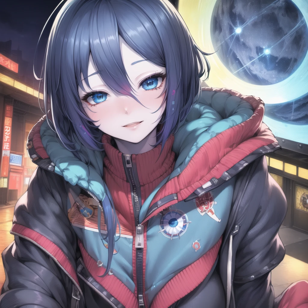 (masterpiece,detailed,highres:1.4) , model shot, close up, detailed face, fine detailed eyes,, (kirishima touka),blue middle hair,ghoul  eye,retro jacket,Tokyo Ghoul,retrofuturism background, vibrant colours, hdr,, ,