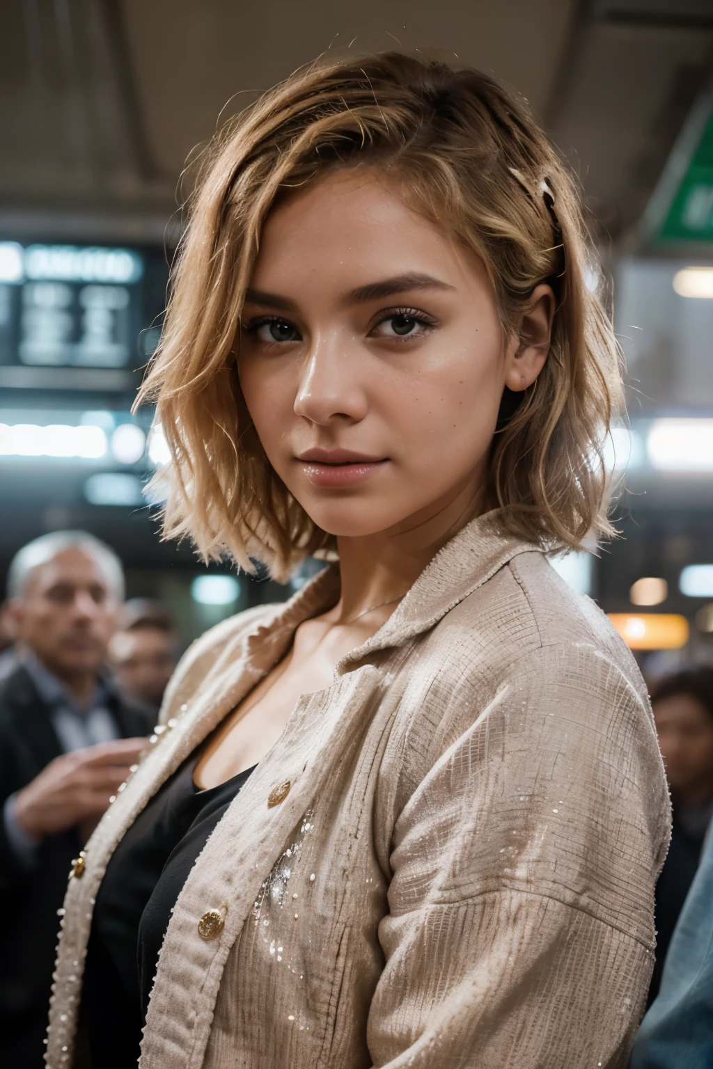 Cinematic photo: A beautiful woman with short curly blonde hair casts an alluring gaze into the camera, her expressive eyes brimming with a gentle yet dynamic sparkle. Clad in a light pink jacket, she stands out amidst the bustling crowd in a Buenos Aires metro carriage. The scene is captured through a 35mm photograph, the film grains adding a unique textured depth. With a shallow depth of field, the woman is brought into sharp focus, while the bokeh effect softly blurs the background of vibrant metro passengers. The professional composition of this 4k, highly detailed image transports viewers into the heart of the moment, a fleeting yet captivating