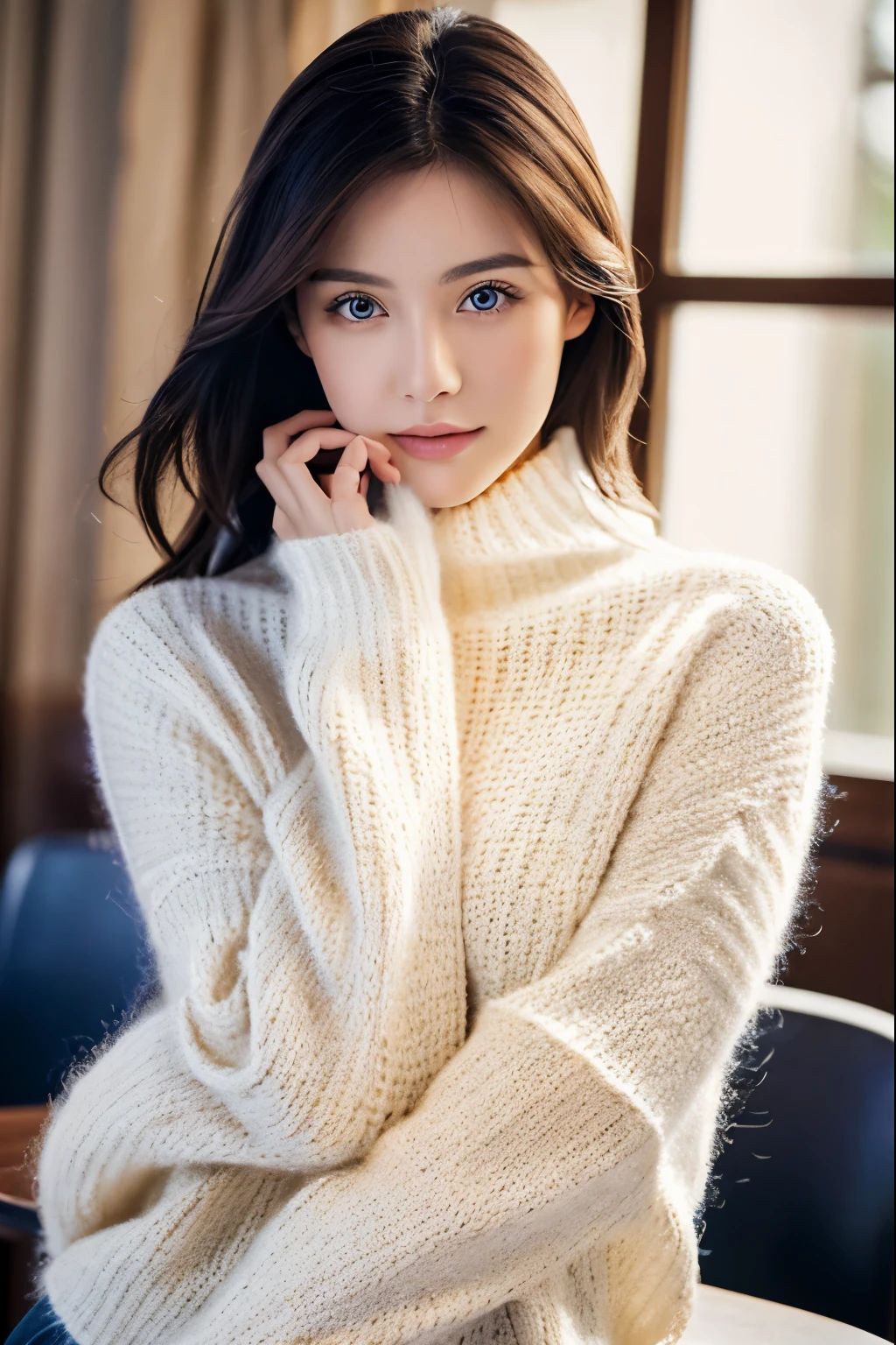((Surreal、Super detailed image, maybe a photo.,Captures the details of the skin texture of an incredibly beautiful woman..))long black hair。UHD, masterpiece, gorgeous, subtle smile, flirts with the camera, she’s a model, sexy pose, (in a Sunrise Hike:1.3), turtleneck wool sweater, tight jeans pants, Kodak gold 200,