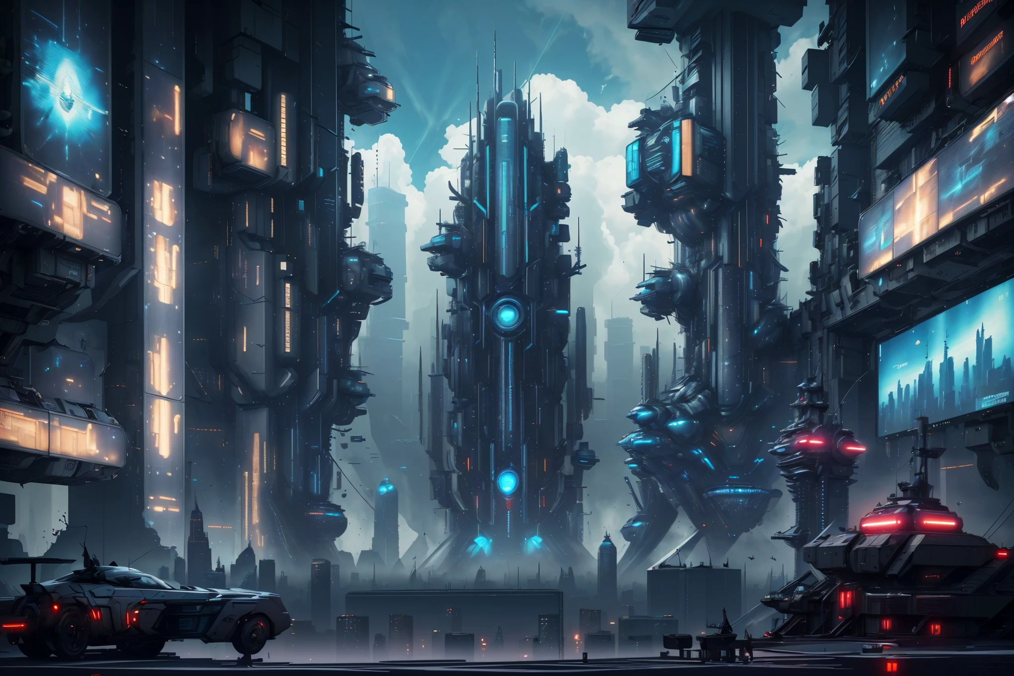 ((best quality)),((masterpiece)),((realism)),in the style of futuristic,cyberpunk,skyscrapers,sense of technology,blue tint,Mechanical City,LCD large screen