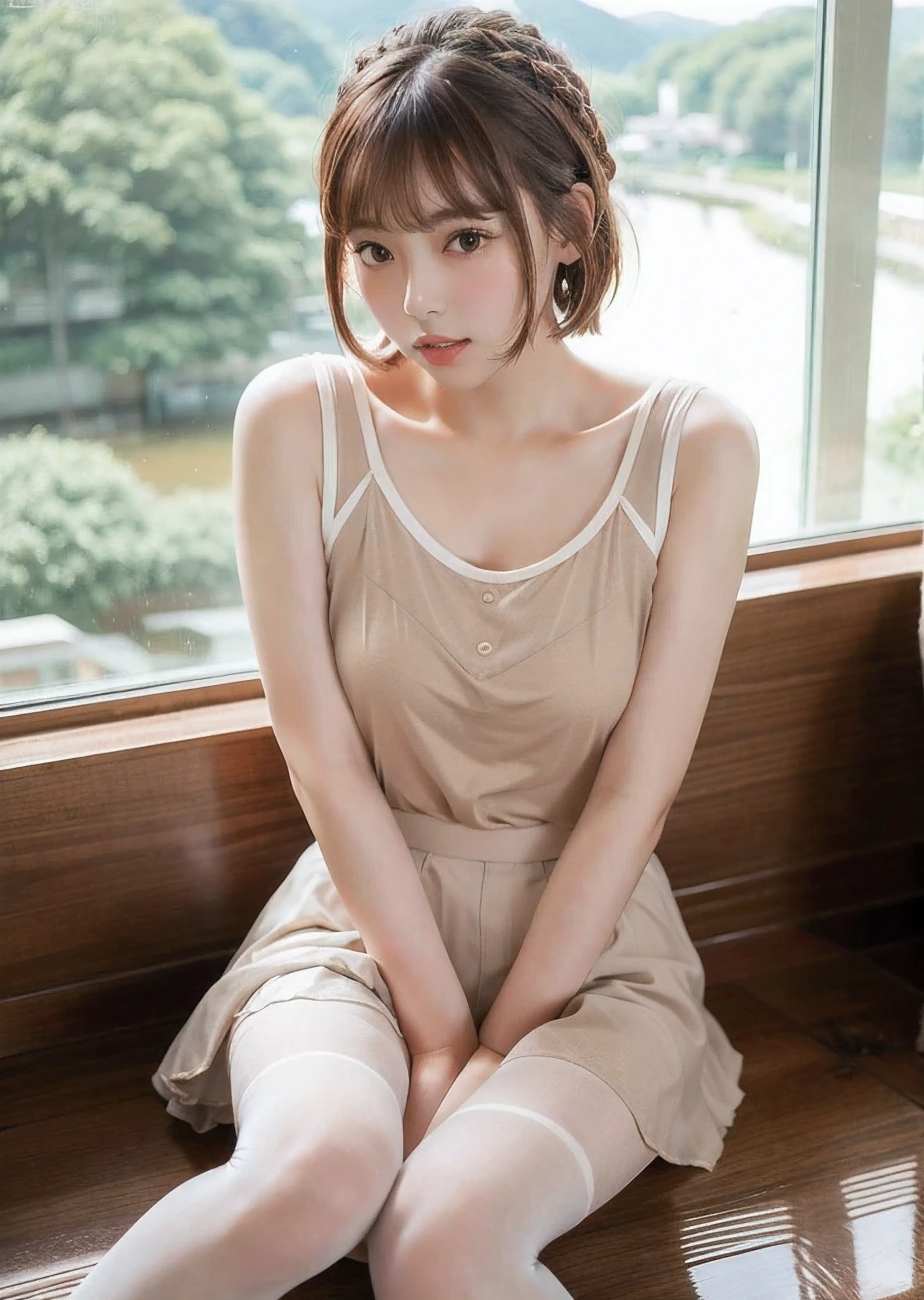 1 girl, alone, short hair, skirt, brown hair, sitting, pantyhose, lips, camisole, white pantyhose, realistic、Look this way、gravure、cute、valley、