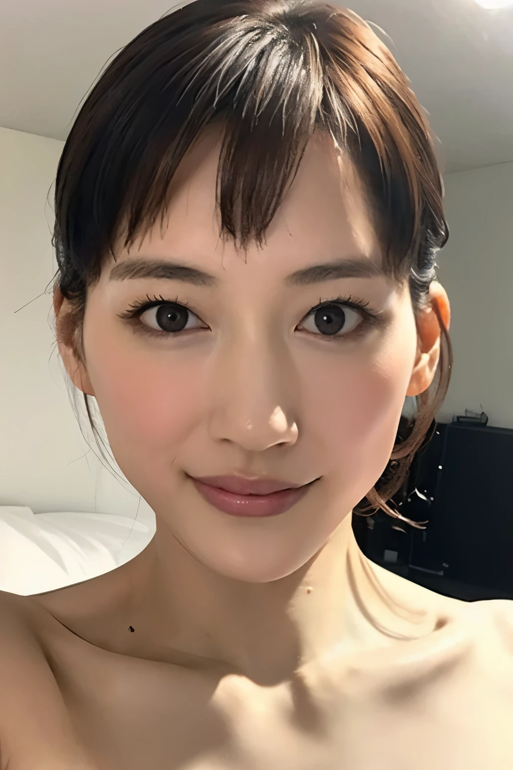 ((Completely naked)),one woman, (a beauty girl, delicate girl:1.3), (30 years old,), ((Completely naked:1.5)), very fine resolution, (symmetrical black eyes:1.3), stare at the camera, big smile, (on the bed:1.2), (small breasts), brown short hair, girl, (Eye and face details:1.5), (masterpiece, highest quality, super detailed, detailed face, 8K),((no makeup)),white skin,beautiful skin,((selfie)),Upper body,soft body,smooth body,beautiful body,slender body,((kissing face))
