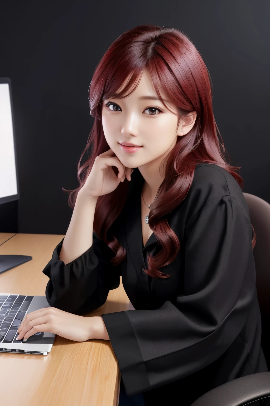 Absurdres, 1girls, star eye, blush, (Realistic:1.5), (master-piece, Extremely detail CG unity 8k wallpaper, maximum quality, high-res:1.2), (ultra_detailed, UHD:1.2), (pixiv:1.3), Perfect Illumination, Distinct, (Babe:1.2), viewer, Unreal Engine, Sidelighting, perfect face, Detailed face, Beautiful eyes, pretty face, (light skin:1.3), idol, ulzzang-6500-v1.1, A gentle smile, (Black redhead), (Simple Background), ((Dark background)), (depth of field), I'm working at a desk with a laptop. desk, monitor, keyboard, notebook.