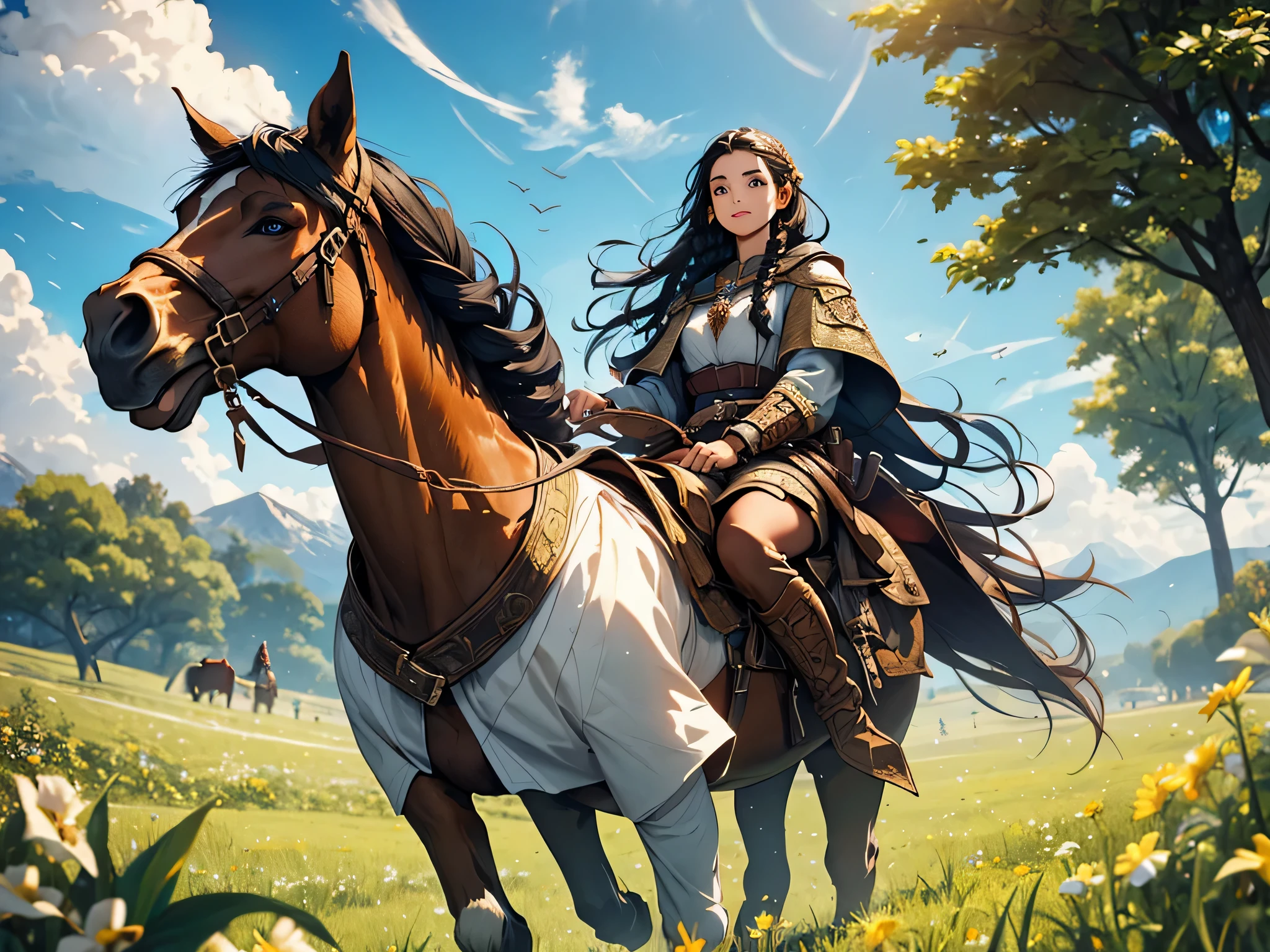 a girl with long black hair and braided in a traveler's clothes rides a horse through meadow, fantasy medieval RPG, very detailed face