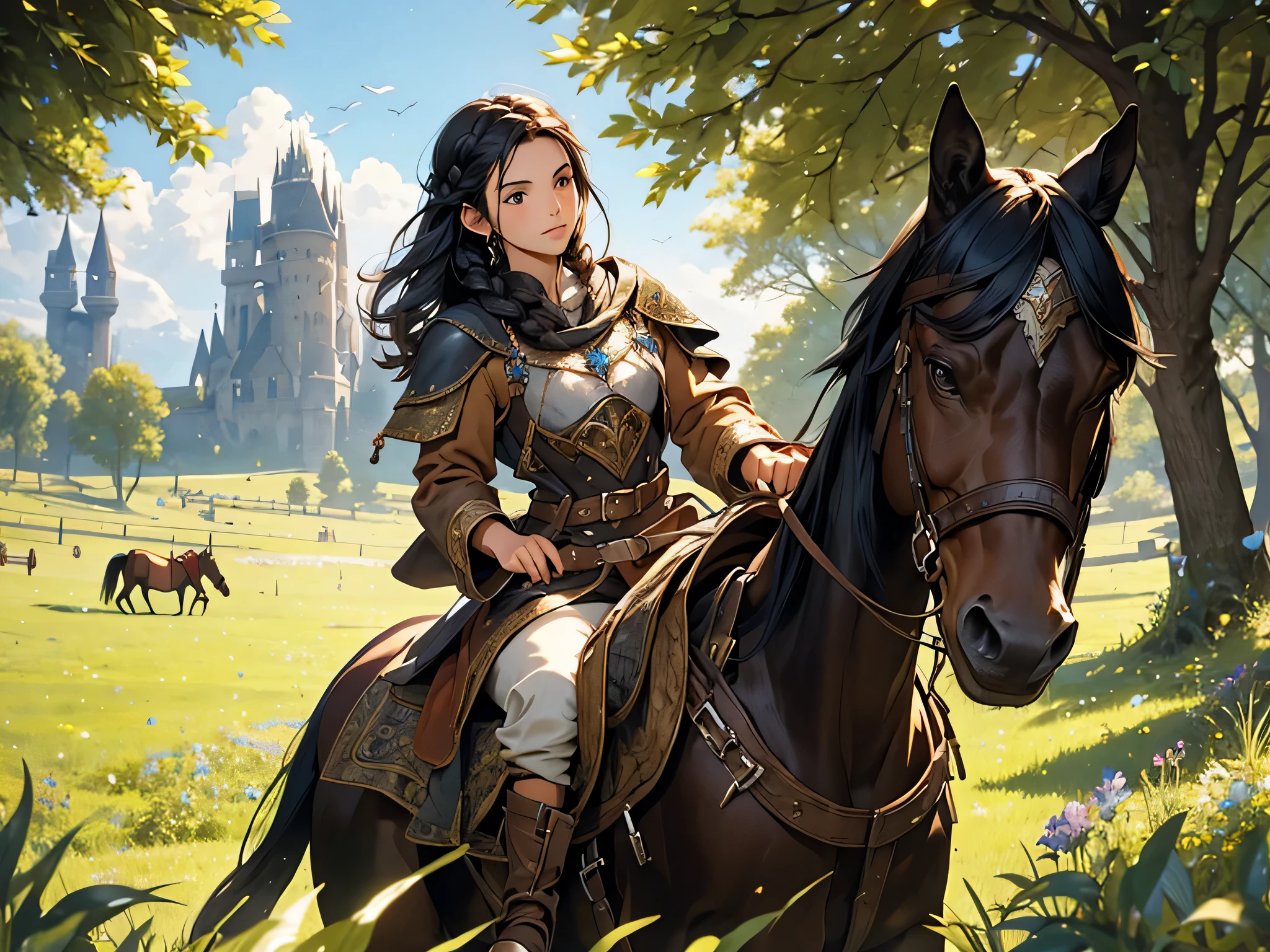 a girl with long black hair and braided in a traveler's clothes rides a horse through meadow, fantasy medieval RPG, very detailed face