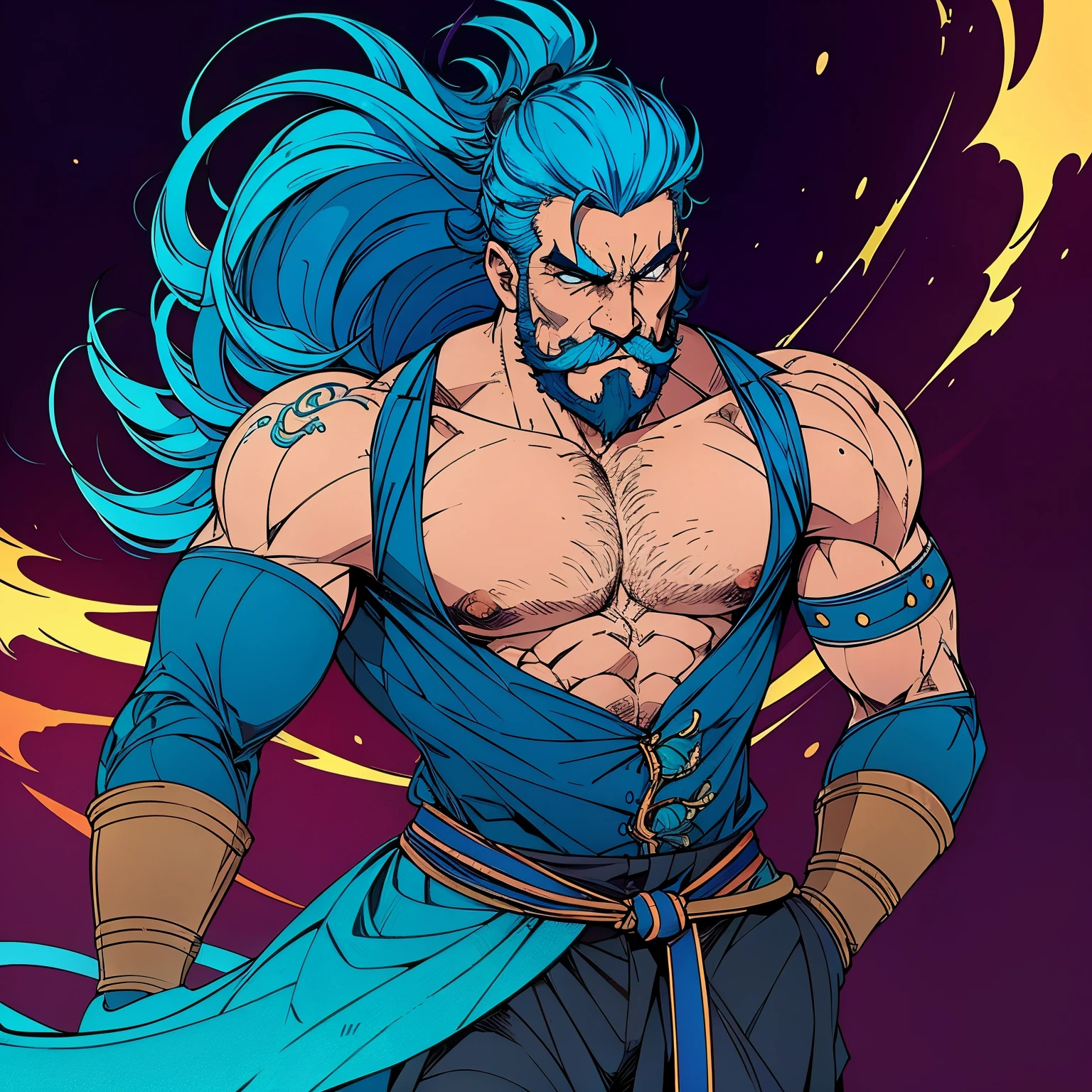 Dragon turned into a blue-haired Human, musculoso, cicatriz en el pecho, brazos escamosos, bigote y barba corta, strongest warrior and leader of his army, triste por la muerte de su esposa e hija.