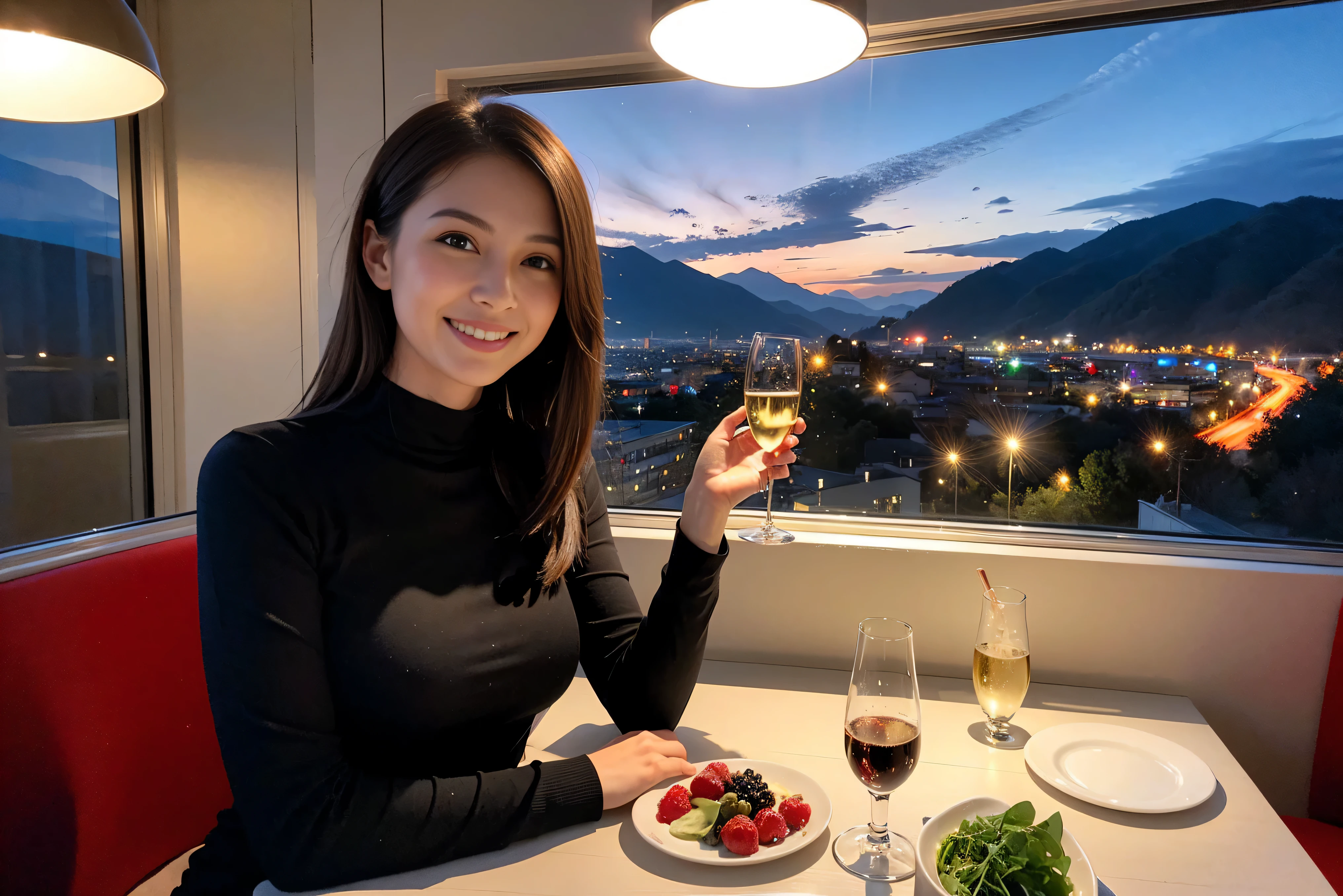 K, Hmm, highest quality, masterpiece: 1.2), (realistic, photorealistic: 1.37), Spectacular view of the sunset sky and clouds、Amazing mountain views、A bright smile、3 slim beauties, (slim face),Happy、 the best smile、Fox face、Berry Short、(because I'thin), (brown hair), (shortcut), long sleeve shirt、winter fashion、Colombian、Brazilian、Japanese、Dutch、German、Portuguese、Belgian、Italian、French,Champagne、sparkling wine、 (Squirting), (slim body), (brown hair), (shortcut), neat beauty、cheeks turn a little red, (42 years old), 38 years old, alone, A beautiful and detailed night view spreads out outside the window......., restaurant, wine glass is sitting, At night, in a prominent place (from the Upper body) nova frog style, actress, model, Upper body, White wine, slim, wine glass, Very beautiful night view, wine glass Put in the Middle, Happy smile, (smile: 1.15),