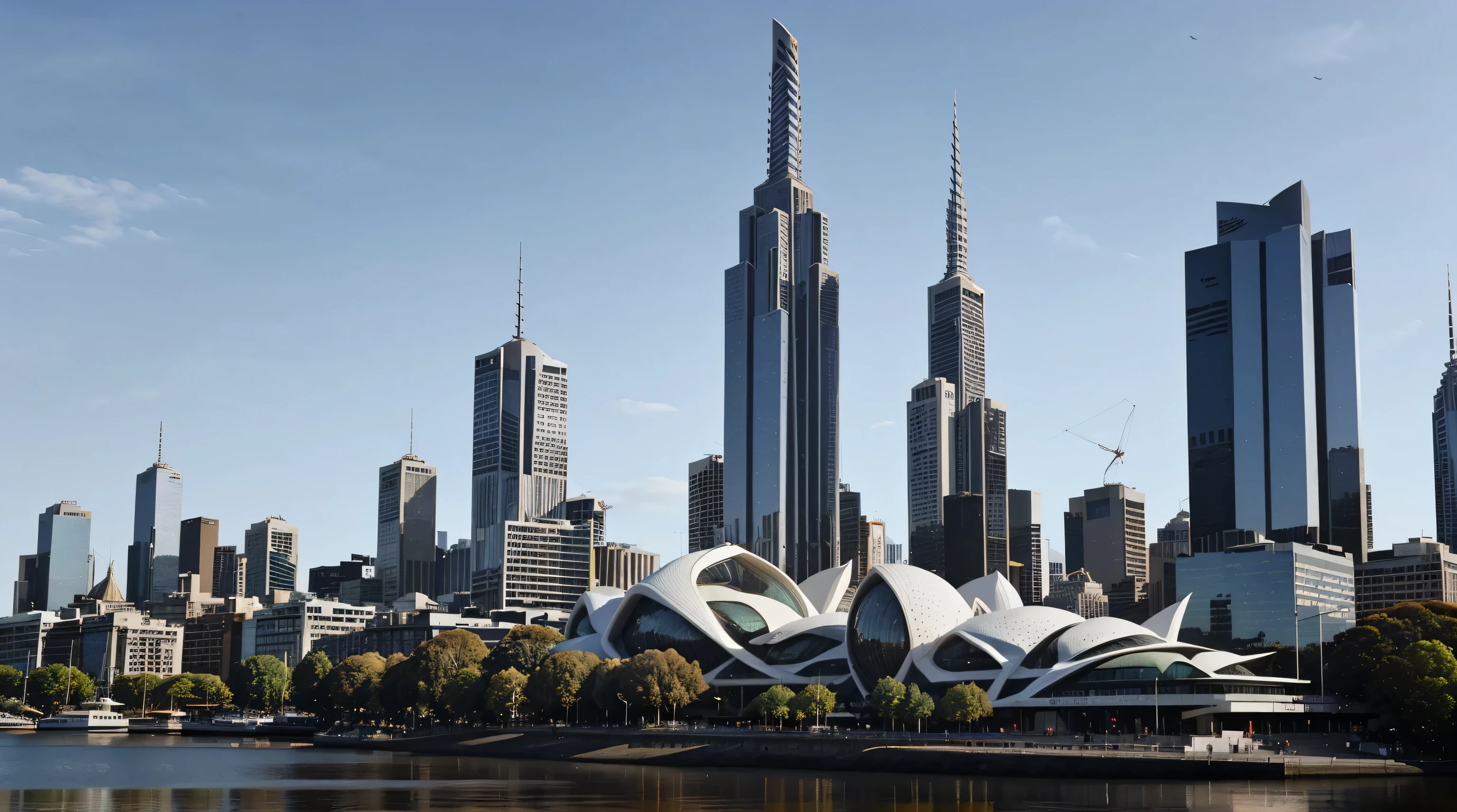 parafacial building on the ground with a lot of windows, Melbourne police office center house, the modern house at Melbourne, Police house in Melbourne Australia, Australia far view, inspired by Melbourne port, singing at a modern house, viewed from the large Yara river, Australia intricate, Australian, imposing, Wikimedia, imposing architecture, Melbourne Mortimer Laurence, viewed from the harbor, Zaha Hadid style architecture, spectacular, Crown Melbourne Hotel mix with Esplanade house