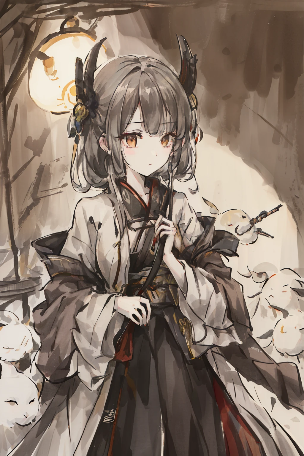 Anime-inspired Sekiro character standing in a dimly lit room, silence of the lambs background, holding a shinobu sword, a mysterious expression on his face as if deep in thought. He wears the traditional Sekiro armor, clutching a lantern with a single yellow flickering flame casting eerie shadows on the walls. A lab coat draped over his shoulders hints at his connection to the world of the Silence of the Lambs fan fiction. One hand covers his mouth, silencing any potential noise, while the other hand clutches the hilt of his sword, creating an intense contrast of power and restraint. The room's atmosphere radiates suspense, and