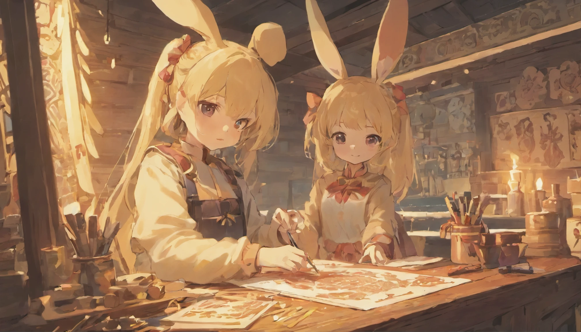 Cartoon little bunny making handicrafts