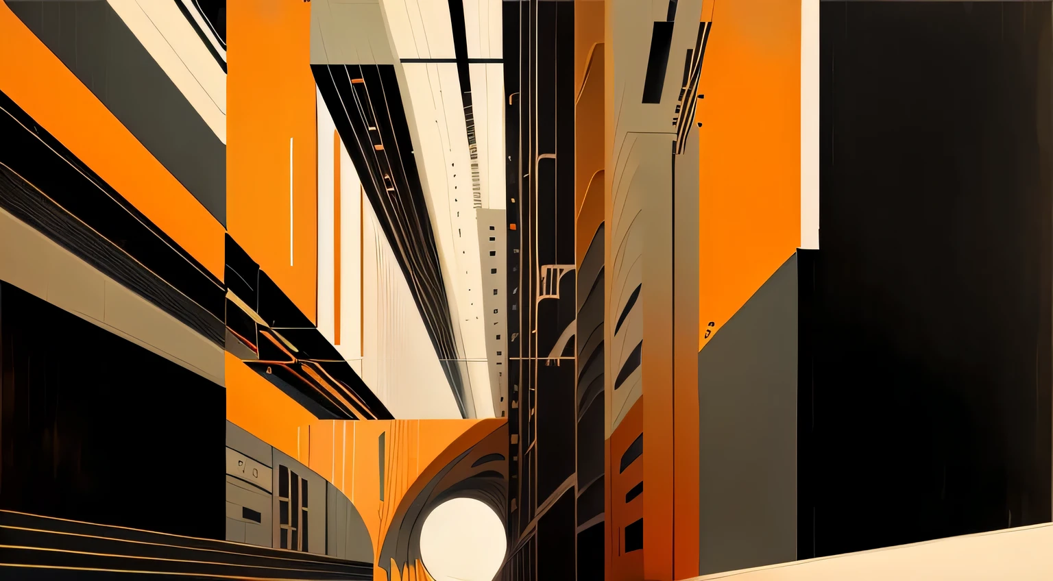 There is a black and white photo of a train coming along the tracks, abstract facades of buildings, abstraction, Inspired by the Bauhaus, digital illustration style, Inspired by Kilian Eng, in the style of futuristic.The art of math, brutalist illustration, Abstract illustration, retro futuristic illustration, Inspired by Herbert Bayer, High contrast illustration, Abstract composition