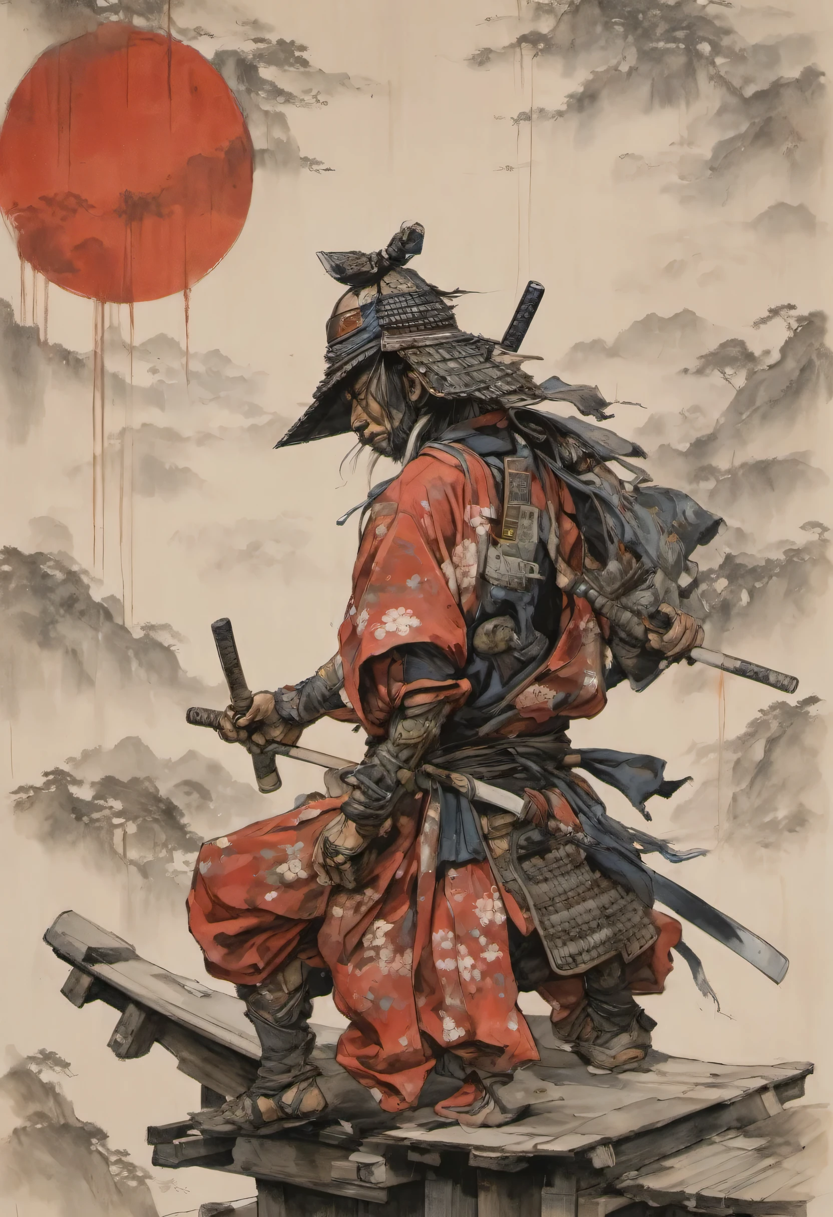 highest quality, masterpiece,craftsman on the roof,working with tools,Japanese,The appearance of the samurai