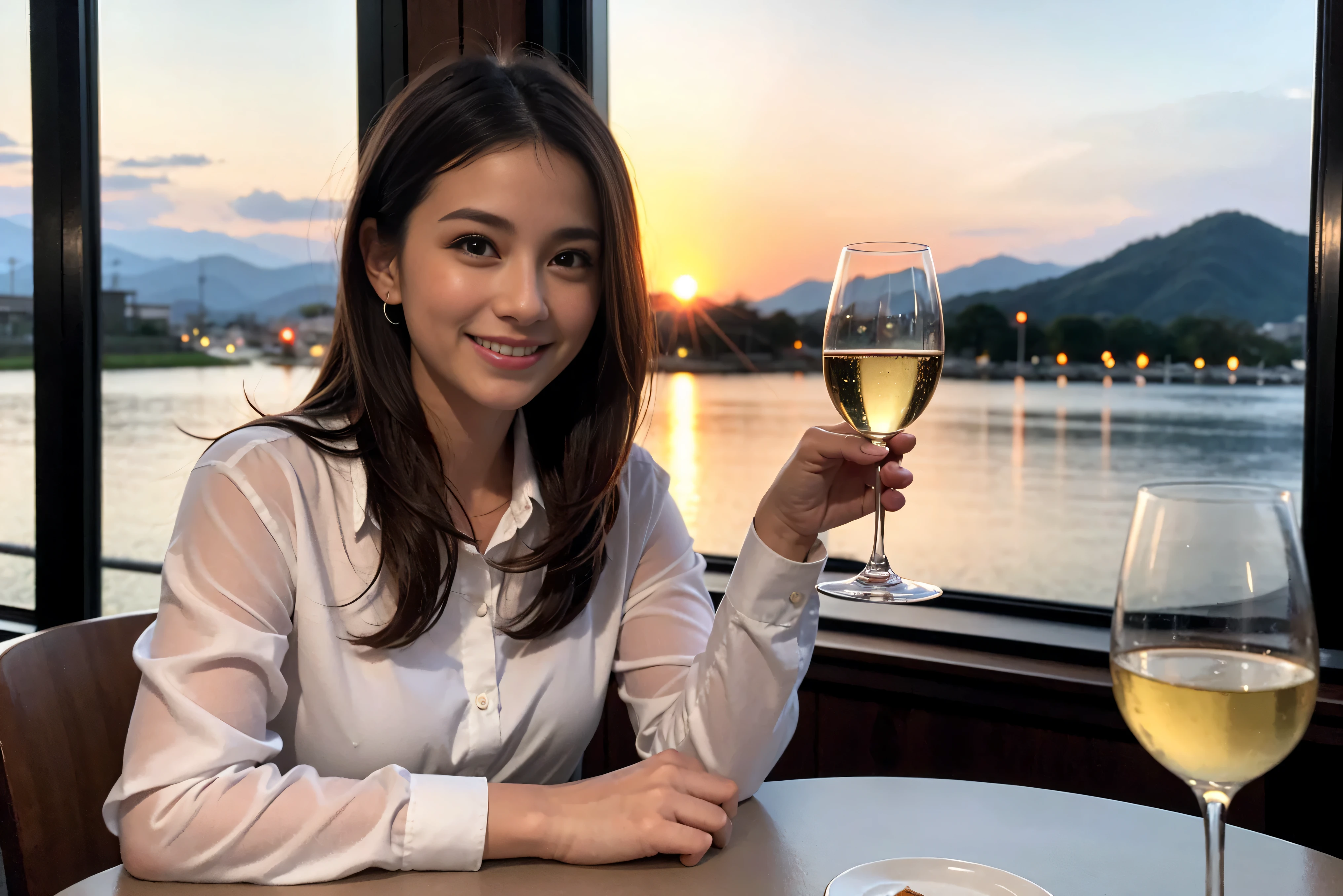 ((Highest quality、8K、masterpiece:1.3))、slimカップル、modelカップル、(Realistic, Intricate details:1.2), full-course dinner、Wine Party、Amazing view of the sunset sky and clouds、A bright smile、The wonderfulness of smile、Bright image、The beauty of wine, Beautiful Face, blue eyes, The light shines on your face, Blushing, short hair,Bright Face、 (Age 37), 44 years old, red wine 、Appetizers、Italian food、Wine bottle、Champagne、sparkling wine、Two beauties、Brown Hair、Shortcuts、Long sleeve shirt、dress、Beautiful woman 1, (slimな顔), (The body is slim), (Brown Hair), (Shortcuts), cheeks turn a little red,Attractive beauty、restaurant, In a prominent place (From the waist up) Nova Frog Style, actress, model, Upper Body, White wine, slim, wine glass, 中央に置かれたwine glass, smile, (smile: 1.15), Beautiful fine grain, Depth f/2,saturation, High Contrast, Strong light and shadow,Moist Body:1.5、3D texture、Delicate eyes、Brown Hair、The hair is very shiny、