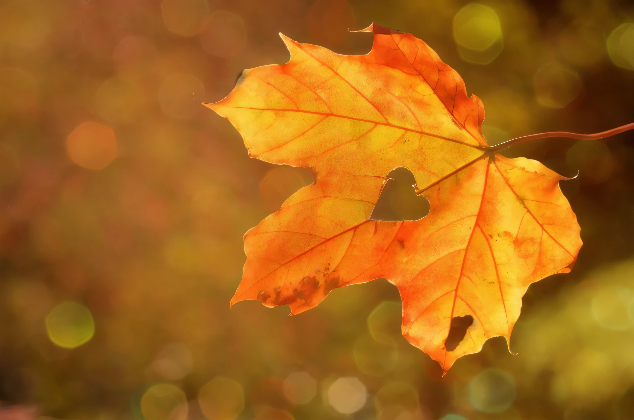 there is a leaf that is shaped like a heart on a branch, autumn bokeh, autumn leaves background, fall leaves, autumn leaves, autumn leaves falling, autum, autumn background, beautiful autumn spirit, soft autumn sunlight, during autumn, canadian maple leaves, golden autumn, leaf, in the autumn, leaves falling, shutterstock, orange and brown leaves for hair