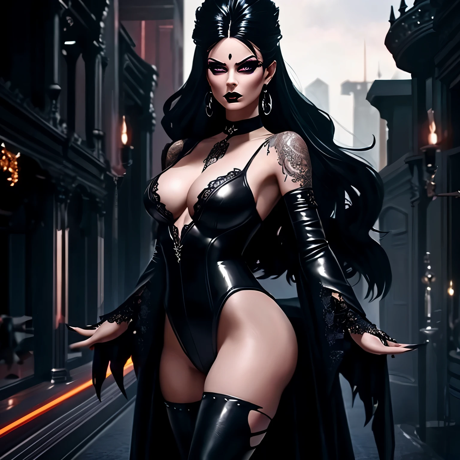 A fierce and unique gothic woman with a dark aura, her body adorned with intricate tattoos and her clothing a mix of leather and lace. Her hair is styled in a dramatic updo, with hair jewelry adding to her striking appearance.
