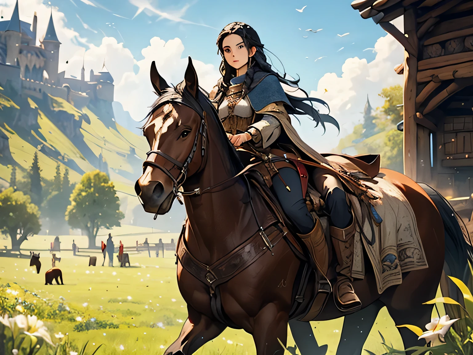 a girl with long black hair and braided in a traveler's clothes rides a horse through meadow, fantasy medieval RPG, very detailed face