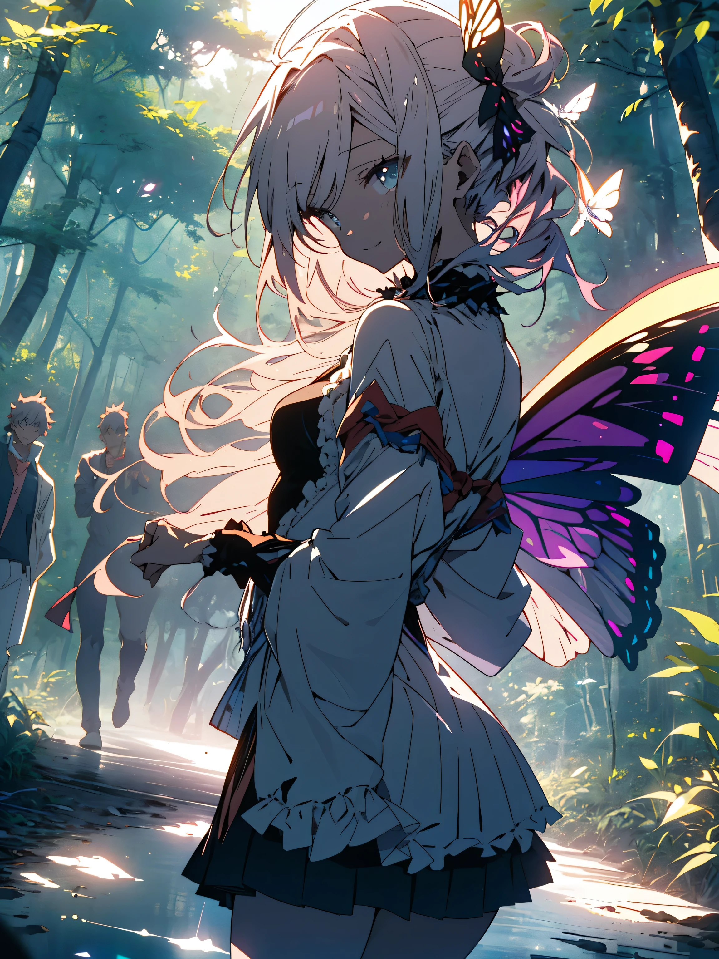 NSFW,((masterpiece)),(((highest quality))),((Super detailed)),((((Anime-like)))),((messy hair)),((frills)),(1 girl),(alone)、smile、((thigh focus))、((sex from behind)),((sexy、exposure of skin)) 、((sex with men))、((sensual look))、(((butt focus))),((Cleavage Focus)),lipstick,dynamic angle,big sleeves,floating,beautiful detailed sky,detailed and beautiful eyes,exposed,(in the forest),(Beautiful large butterfly wings grow on its back)、((fly gracefully through the sky))、blunt side bangs,hair between eyes,ribbon,A bow tie,button,bare shoulders,(((small breasts))),fine wet clothes,gaping face,pleated skirt,flowers 、beautiful anime