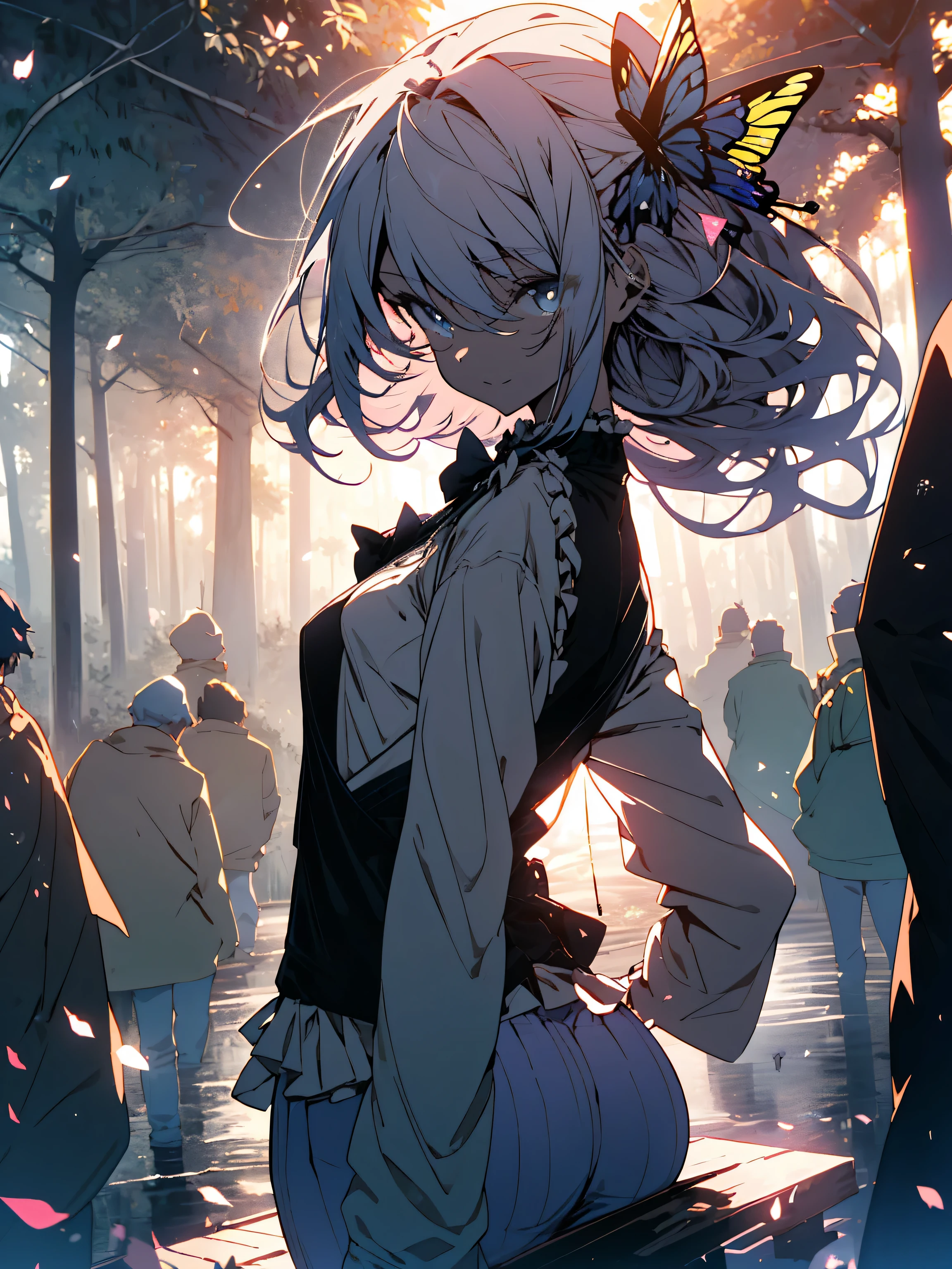 NSFW,((masterpiece)),(((highest quality))),((Super detailed)),((((Anime-like)))),((messy hair)),((frills)),(1 girl),(alone)、smile、((thigh focus))、((sex from behind)),((sexy、exposure of skin)) 、((sex with men))、((sensual look))、(((butt focus))),((Cleavage Focus)),lipstick,dynamic angle,big sleeves,floating,beautiful detailed sky,detailed and beautiful eyes,exposed,(in the forest),(Beautiful large butterfly wings grow on its back)、((fly gracefully through the sky))、blunt side bangs,hair between eyes,ribbon,A bow tie,button,bare shoulders,(((small breasts))),fine wet clothes,gaping face,pleated skirt,flowers 、beautiful anime