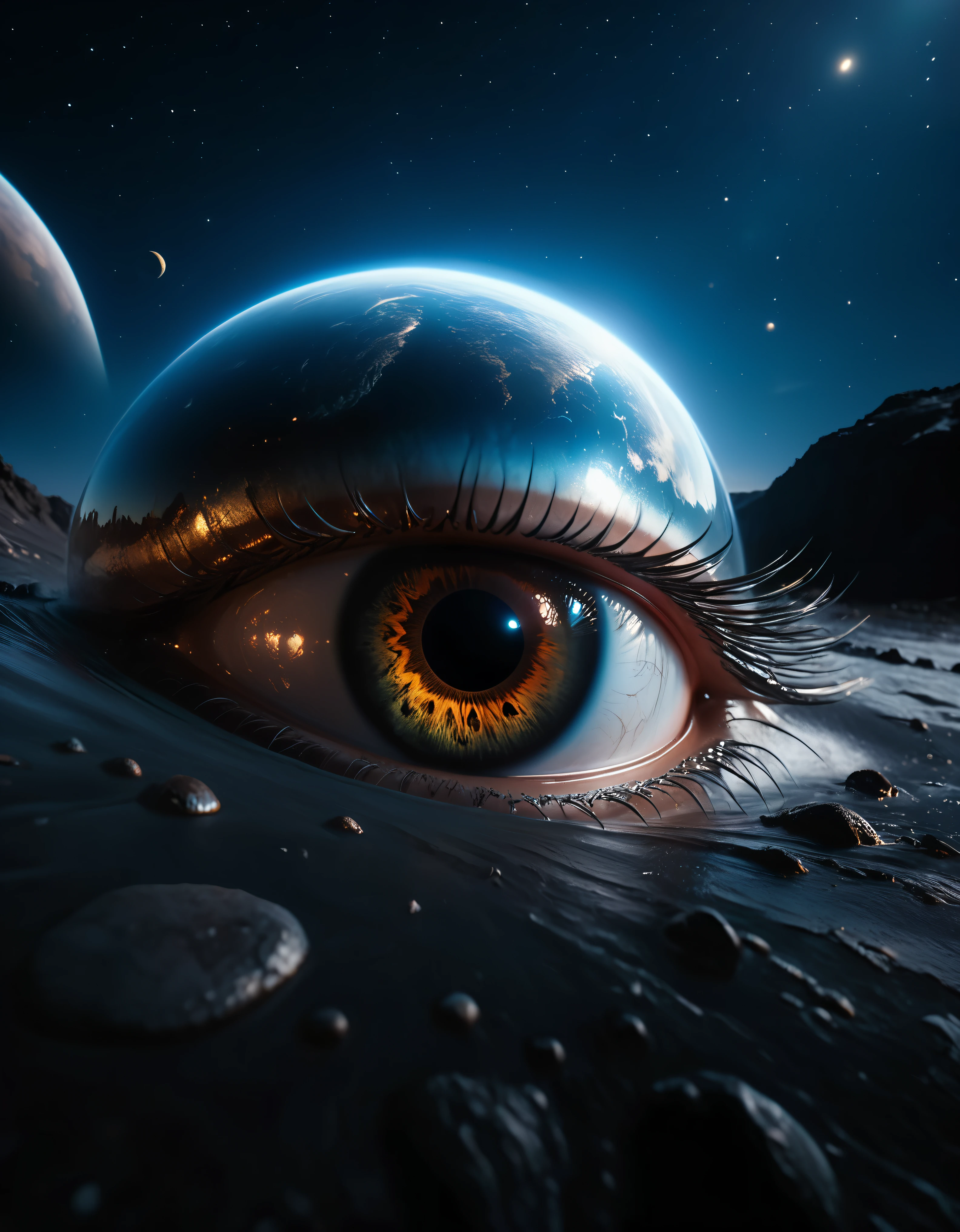 ((Masterpiece in maximum 16K resolution):1.6),((soft_color_photograpy:)1.5), ((Ultra-Detailed):1.4),((Movie-like still images and dynamic angles):1.3), ((Ultra wide angle):1.5),((fisheye lens photo):1.3). | (Cinematic photo of Alien Planet Landscape), (Nearby Moons with visible lakes), ((beautiful female space explorer):1.2), ((tyndall effect):1.1), ((exotic night sky):1.2), ((sense of discovery):1.1), (shimmer), (visual experience), (Realism), (Realistic), award-winning graphics, dark shot, film grain, extremely detailed, Digital Art, rtx, Unreal Engine, scene concept anti glare effect, All captured with sharp focus.

Rendered in ultra-high definition with UHD and retina quality, this masterpiece ensures anatomical correctness and textured skin with super detail. With a focus on high quality and accuracy, this award-winning portrayal captures every nuance in stunning 16k resolution, immersing viewers in its lifelike depiction. Avoid extreme angles or exaggerated expressions to maintain realism.

((perfect_composition, perfect_design, perfect_layout, perfect_detail, ultra_detailed)), ((enhance_all, fix_everything)), More Detail, Enhance.