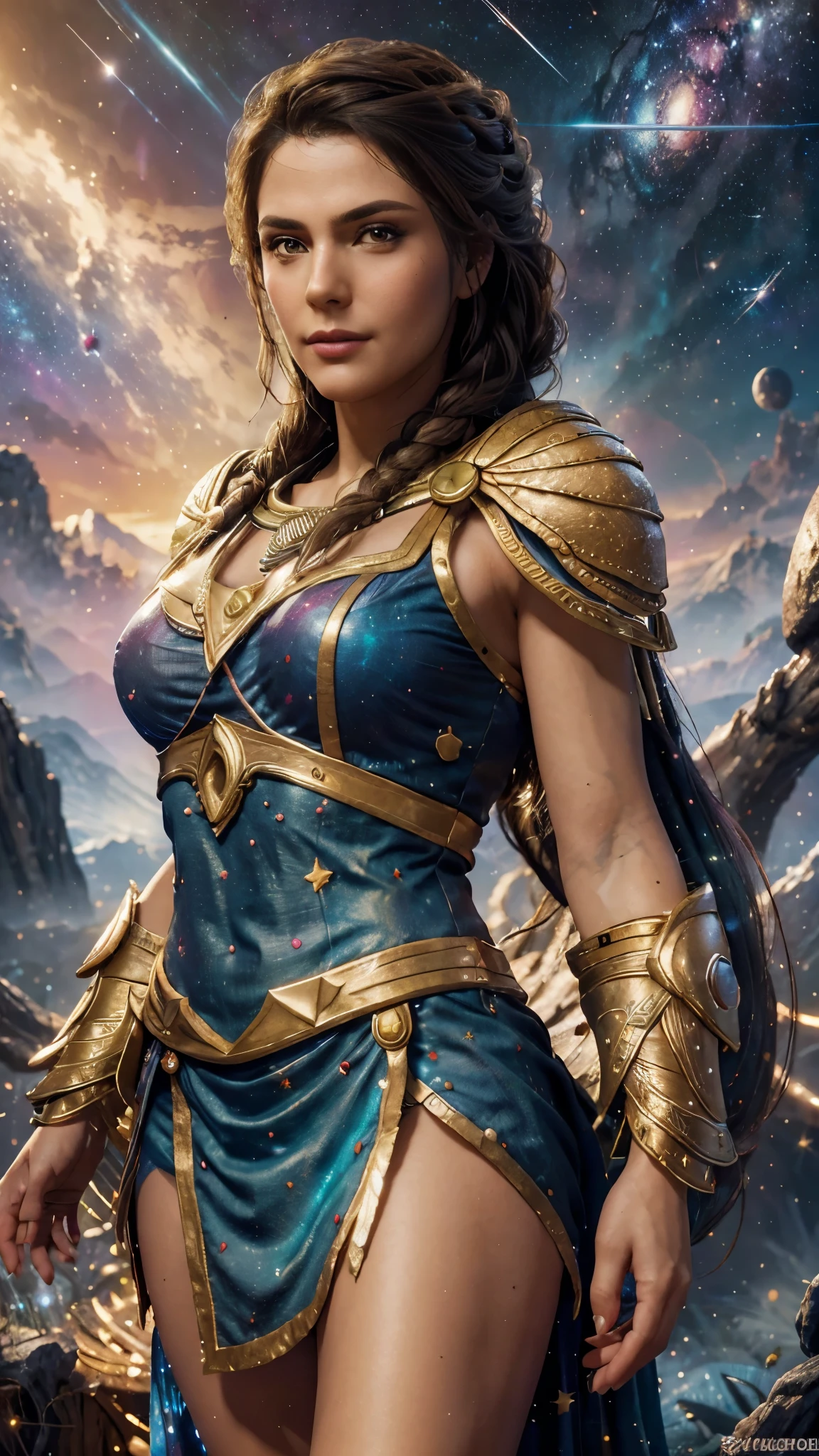 High detail, super detail, super high resolution, Kassandra, enjoying her time in the dream galaxy, surrounded by stars, warm light sprinkled on her, full body, background is starry sky with colorful galaxies and galaxy clouds, stars flying around her, delicate face, playful atmosphere,