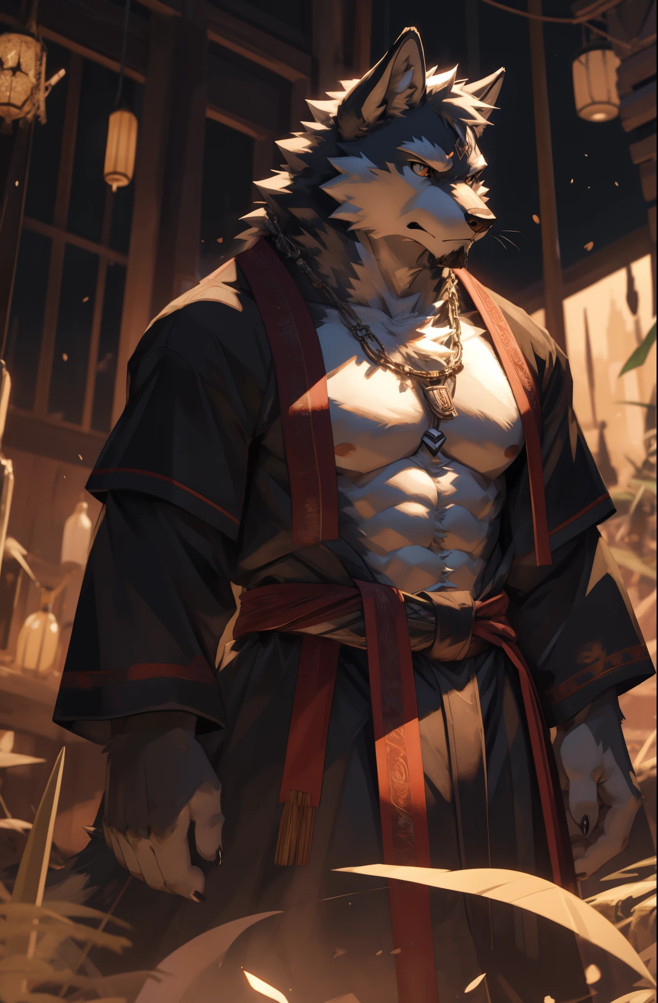 A close up of Wolf with a large chest in a kimono, muscular, furry Silver wolf, samurai, furry chest, fluffy chest, commission for high res, anthropomorphic,extra detailed body, detailed body, Best quality, masterpiece, ultra high res,detailed background,realistic, real shadow and light,depth of field, (View from beside), details skin, angry face, Sexybody, Sixpack, two-tone fur, Gray wolf.