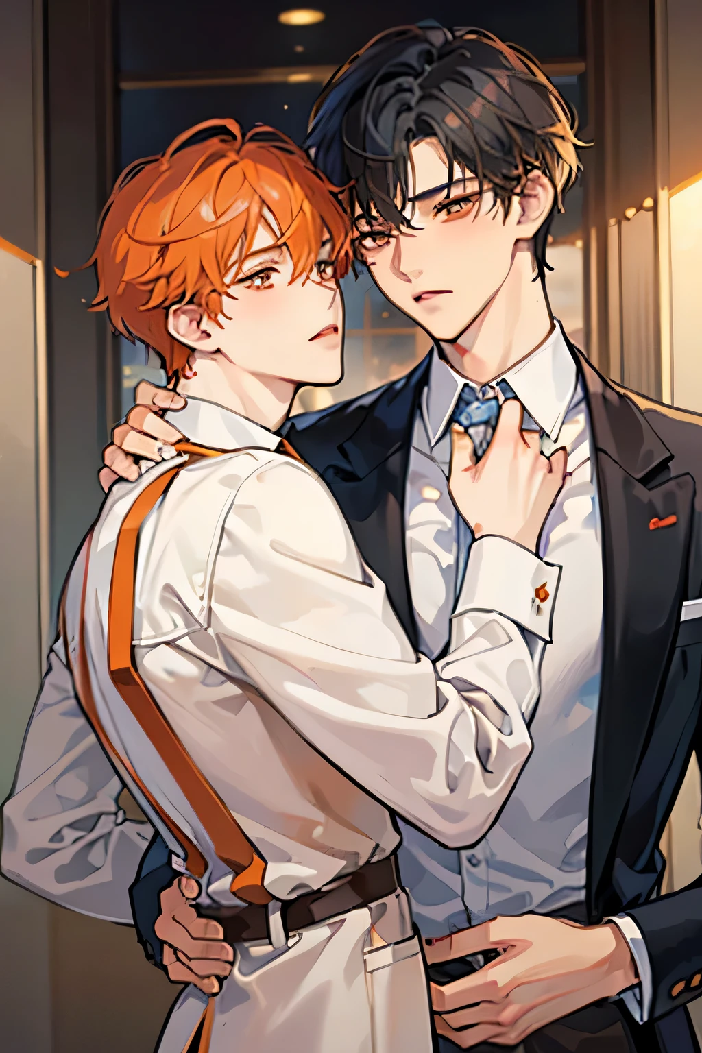 ((best quality)), ((masterpiece)), (detailed), perfect face, 2 boys, gay couple, one boy with dark black hair and dark brown eyes and is tall and handsome, looks fierce and bold, tsundere, very tall, hot and other boy has orange hair and orange eyes and is cute adorable and is bubbly and shorter, short height, baby face, blushing looks like innocent and shy, they are in love, romance, gay couple, bl couple, yaoi, 4k ultra anime quality, anime ARTSTYLE, bl yaoi, hugging, 4k anime art style, cute, kissing, kissing on the lips