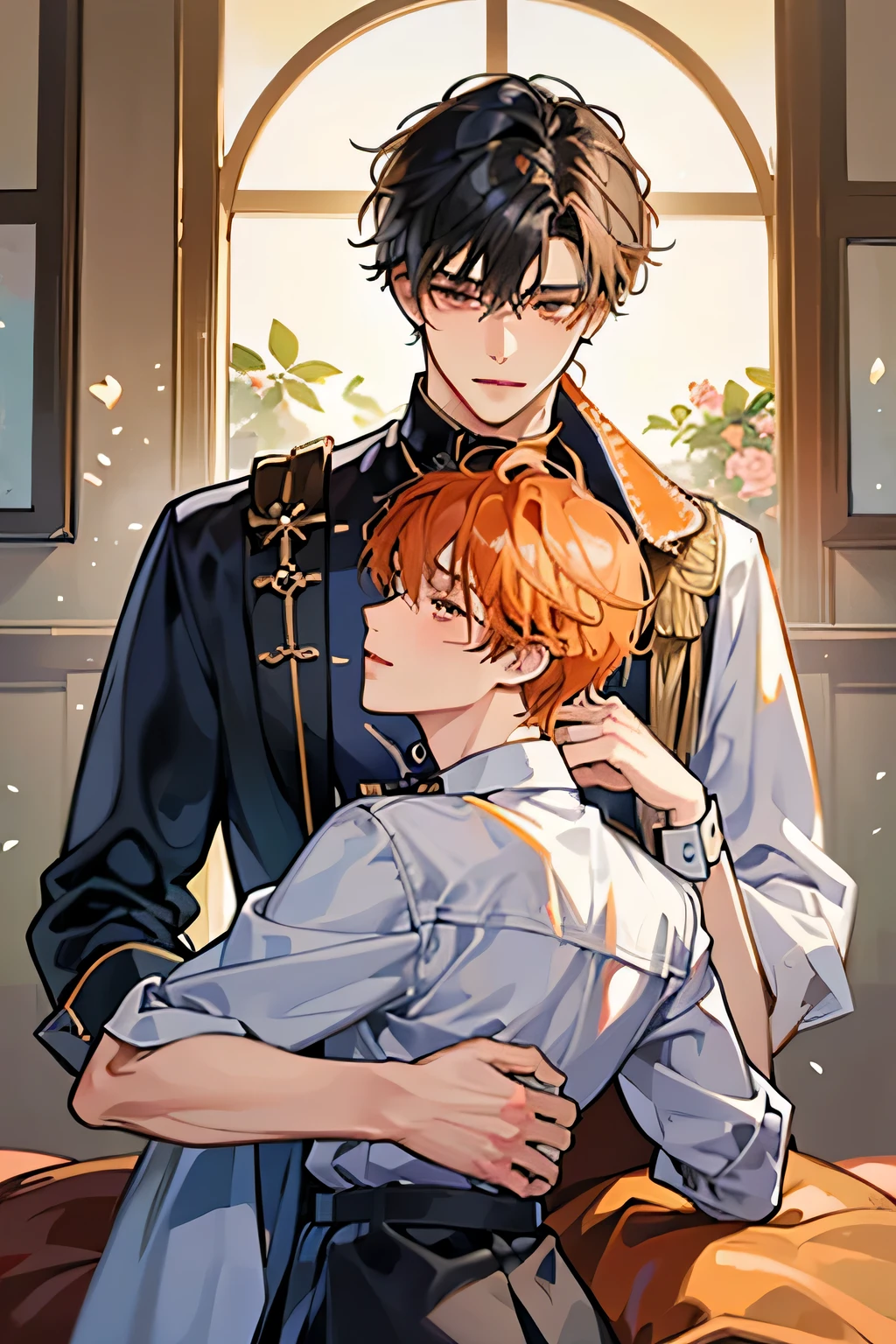 ((best quality)), ((masterpiece)), (detailed), perfect face, 2 boys, gay couple, one boy with dark black hair and dark brown eyes and is tall and handsome, looks fierce and bold, tsundere, very tall, hot and other boy has orange hair and orange eyes and is cute adorable and is bubbly and shorter, short height, baby face, blushing looks like innocent and shy, they are in love, romance, gay couple, bl couple, yaoi, 4k ultra anime quality, anime ARTSTYLE, bl yaoi, hugging, 4k anime art style, cute, kissing, kissing on the lips