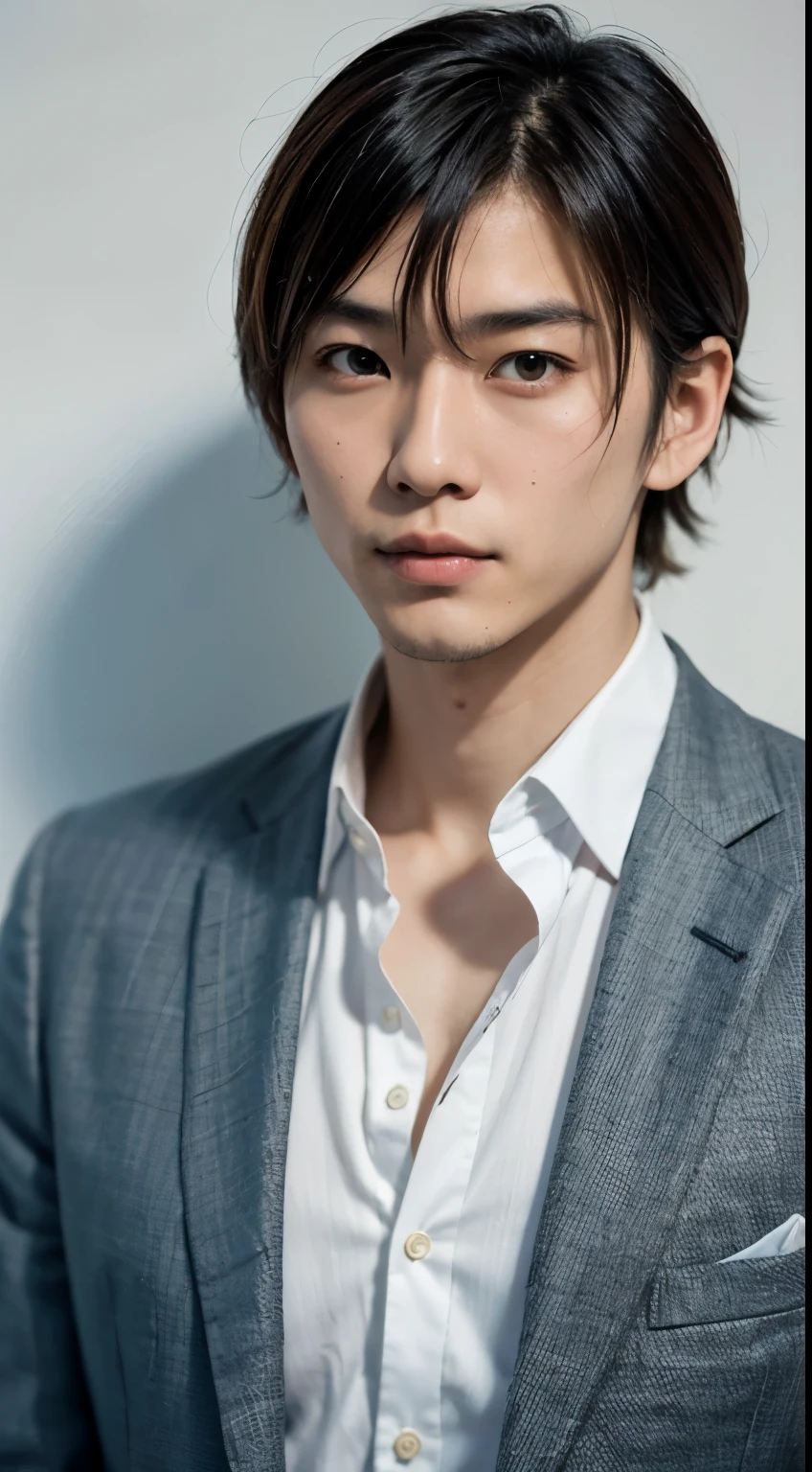 Portrait of a handsome Japanese man 25 years old round face movie look, blonde short hair, Above the chest, suits, upper body