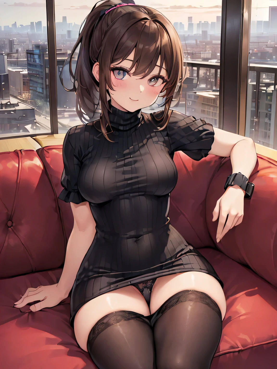 (Masterpiece, top quality, high resolution, realistic photo, realistic looking skin:1.1),
(The woman is sitting on a sofa in a city hotel lounge:1.8),
(She is sitting with her legs closed: 2,0),
(Please give me a panty shot of the woman looking straight ahead:1.8),
(smiling face:1.5),
(She is wearing a black short-sleeved turtleneck knit mini dress:1.8),
(The dress is quite tight and shows her curves:1.8),
(The dress has a pattern on the breast: 1.2),
(She is wearing black middle boots: 1.8),
(She is wearing a pair of inseam stockings with a flashy pattern, matching the length of both legs: 1.8)
(Panties are a loud color pattern: 1.2),
(She wears panties tightly: 1.8),
(Legs are small in volume: 1.8),
(Brown hair in a middle ponytail:1.5),
(Small face:1.5),
(D-cup breasts:1.5),
(Location: a bench on a sofa in a lounge of a city hotel:1.5),
1 Japanese girl, solo, full bodied esbian, beautiful eyes, glowing eyes, glowing thighs, NSFW