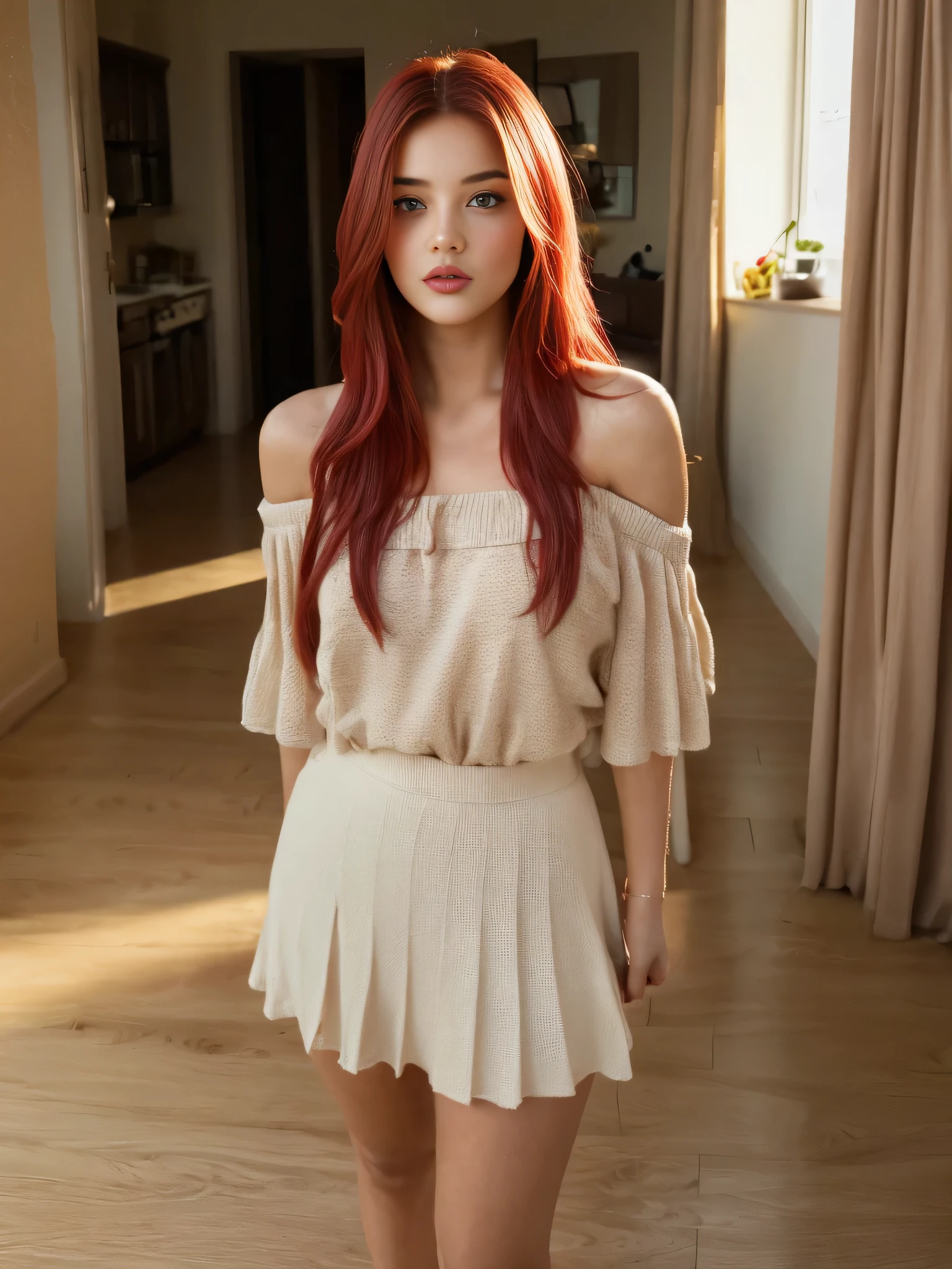 nordic young woman, cute face, seductive, best quality, masterpiece, Off-shoulder V neck shirt with pleated mini hot skirt, golden hour, detailed textures, long braded hair, Standing on floor, looking at camera, posing, intimate pose, Beach, interior, [blush], aesthetic, intricate, caustics, light rays, sunlight, (((soft lips))), (((glossy lips))), highly detailed, (semi-realistic:1.2), niloudef, red hair