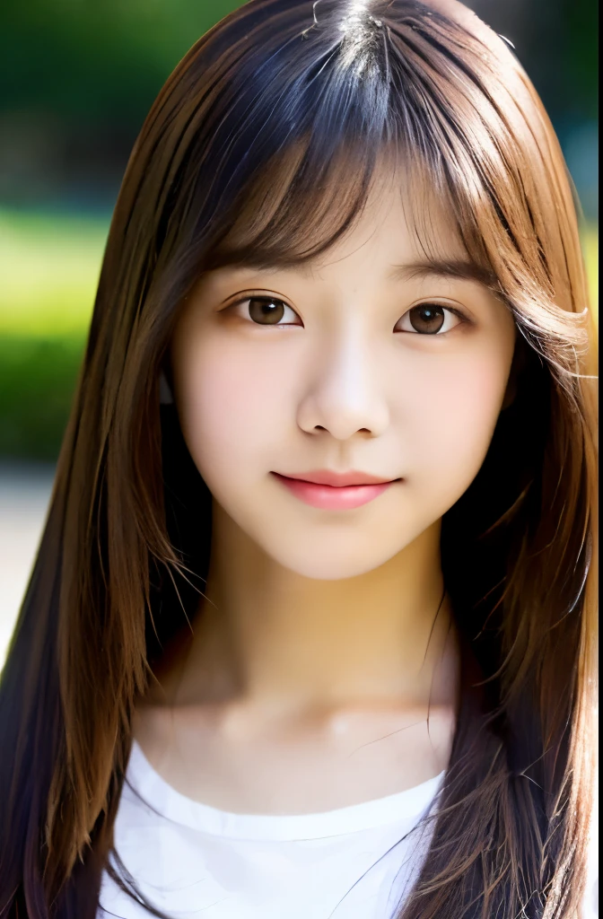 ((beautiful and shiny、long neat straight hair))、outdoor, alone,highest quality、hyper hd、by bangs　(beautiful feces:1.3) ((cute:1.3))、((16 years old)) white shirt　Decolletage　natural color lips　()  sense of cleanliness　Pure　half-open lips　((cute)) ((frontage))