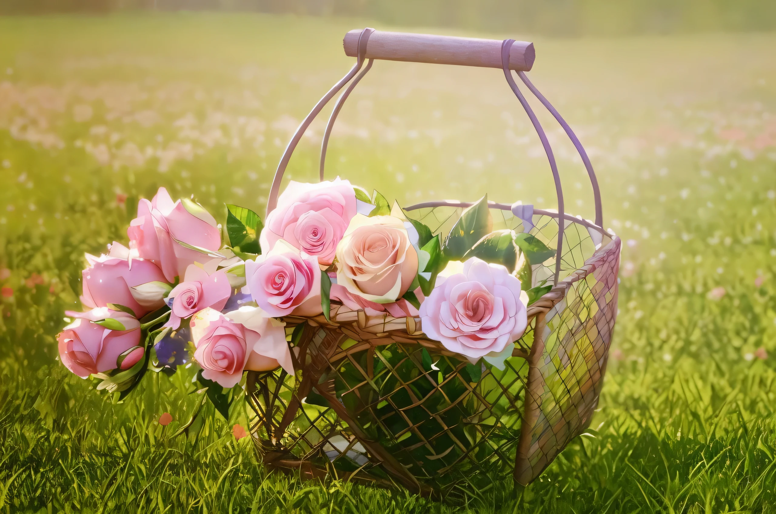there is a basket with pink roses in it on the grass, beautiful flowers, rosen maiden, summer feeling, beautiful sunny day, sunny morning light, elegant flowers, with soft pink colors, pastel roses, summer setting, roses, roses in cinematic light, decorative roses, summer morning light, romantic!!!, beautiful image, beautiful scene, roses background, beautiful composition
