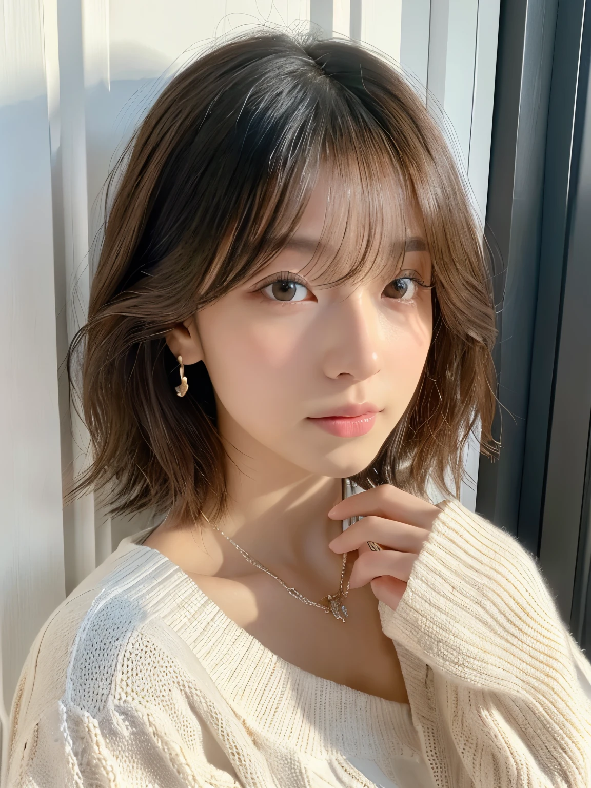 (top-quality、8K、32K、​masterpiece、nffsw:1.2)、cute little日本人女性の写真、large full breasts、very short bobbed hair、The upper part of the body、sface focus、Oversized_Sweaters、a necklace、simple background、From above、looking at the viewerix4、(8K、Raw photography、top-quality、​masterpiece:1.2)、(realisitic、Photorealsitic:1.37)、1girl in、cute little、profetional lighting、photon maping、physically-based renderingt、Gradient Brunette Hair、short curly hair、a handsome、Girly、superior image quality、hight resolution、1080p、(Clear face)、(Detailed face description)、(Detailed hand description)、(masuter piece)、(Exquisite CG)、 extreme light and shadows、hair messy、​masterpiece、lush detail、(Exquisite facial features)、(The highest image quality)、(​masterpiece)、(A detailed eye)、Looking forward to your eyes、Delicate collarbones、Poses variadas、don&#39;t watch mela、profile、white walls、Taken in front of the white door、(white walls room with window)、Autumn clothes、Winter clothes、simple a necklace、light blue knit